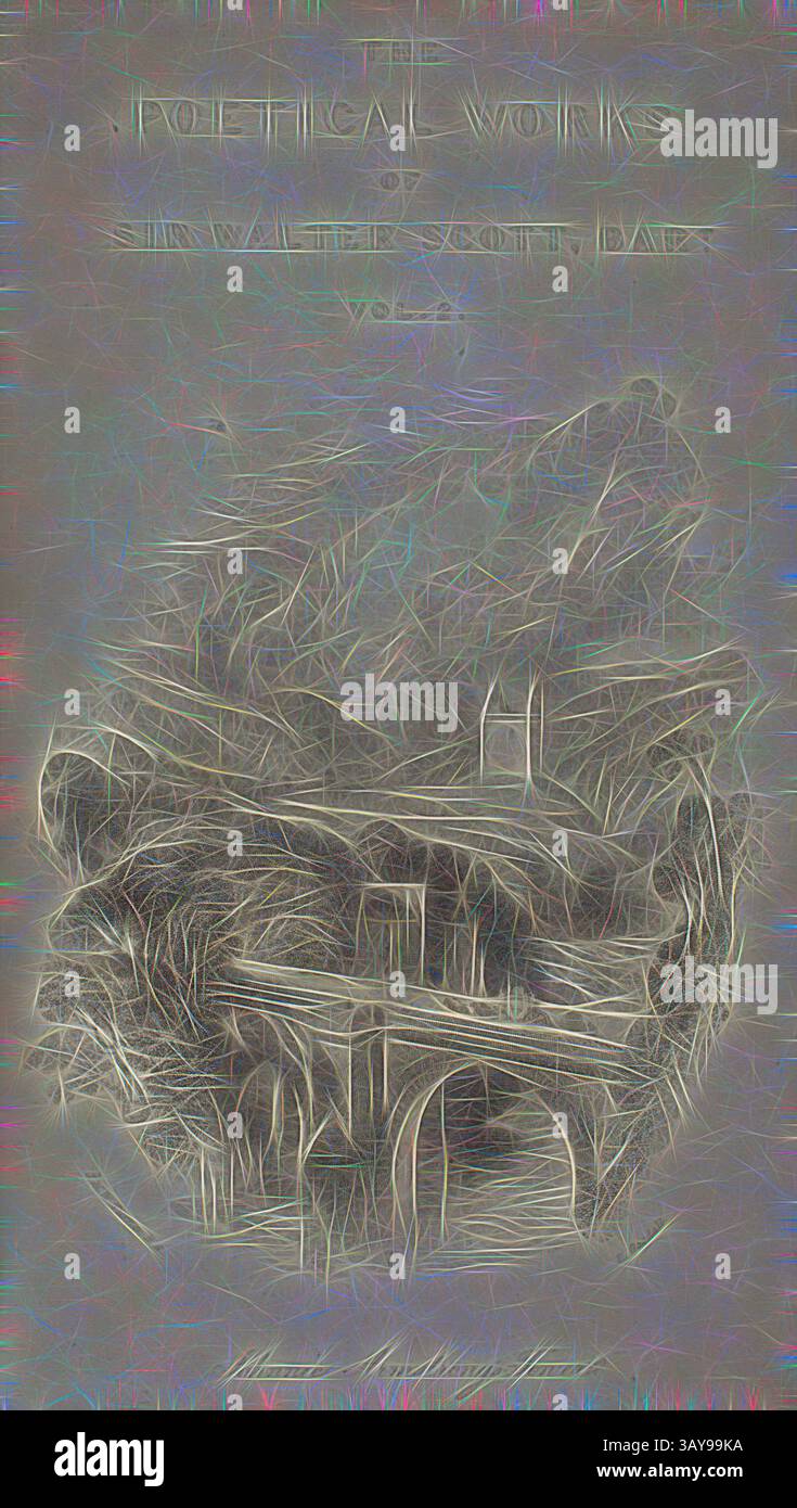 Ein reich verziertes Cover mit dem Titel „The Poetical Works of Sir Walter Scott, Bart“ mit komplizierter Linienkunst, die eine Brücke und Landschaft darstellt, vermischt mit einem strukturierten, ätherischen Effekt., Johnnie Armstrong's Tower, Joseph Mallord William Turner (Englisch, 1775-1851), 1833, Gravur auf Normalpapier, Serie, wie gebunden in Vol. II der poetischen Werke von Sir Walter Scott, Klassische Kunst mit einem modernen Twist, neu interpretiert von Artotop Stockfoto