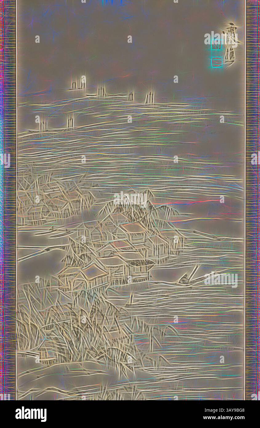 Eine ruhige Landschaft, die eine ruhige Wasserszene darstellt, in der kleine Strukturen inmitten üppiger Vegetation entstehen, ergänzt durch sanfte Wellen und entfernte vertikale Schilfe, die ein Gefühl der Ruhe und Harmonie mit der Natur hervorrufen. Flussdorf und Angelvergnügen, Ike no Taiga (Japanisch, 1723-1776), Edo, 1723-1776, Farbe und Tinte auf Papier, 45-5/8 x 16-1/2 cm. (Bild) 73-7/16 x 22-5/16 Zoll (Montage mit Knöpfen) 73-7/16 x 18-7/8 Zoll (Montage ohne Knöpfe), signiert: Kasho Seal: [?] Seal: [Ike Mumei in], Asiatische Kunst, Klassische Kunst mit einem modernen Twist, neu interpretiert von Artotop Stockfoto