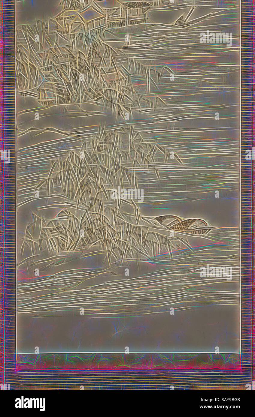 Eine ruhige Landschaft mit abstrakten Gestalten aus Gras und Wasser, mit subtilen Anklängen von Wildtieren in der Ferne, die eine ruhige Atmosphäre schaffen. River Village and Fishing Pleasure, Ike no Taiga (Japanisch, 1723-1776), Edo, 1723-1776, Farbe und Tinte auf Papier, 45-5/8 x 16-1/2 Zoll. (Bild) 73-7/16 x 22-5/16 Zoll (Montage mit Knöpfen) 73-7/16 x 18-7/8 Zoll (Montage ohne Knöpfe), signiert: Kasho Seal: [?] Seal: [Ike Mumei in], Asiatische Kunst, Klassische Kunst mit einem modernen Twist, neu interpretiert von Artotop Stockfoto