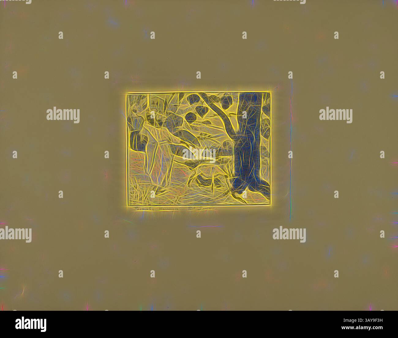 Ein stilisiertes Kunstwerk mit einer ruhigen Landschaft mit Bäumen und sanften Hügeln, verstärkt durch lebendige Linien und abstrakte Formen, die einen faszinierenden visuellen Effekt erzeugen., Martinique Pastorals, Paul Gauguin (Französisch, 1848-1903), Edward Ancourt, Drucker (Französisch), 1889, Zinkograph auf kanariengelbem Webpapier, 7 x 8-3/4 Zoll (Bild) 19-3/4 x 25-5/8 Zoll LL: Pastorales Martinique, signiert auf Platte LC: Paul Gauguin, Serie, Dessins lithographiques (The Volpini Suite), Klassische Kunst mit modernem Touch, neu interpretiert von Artotop Stockfoto