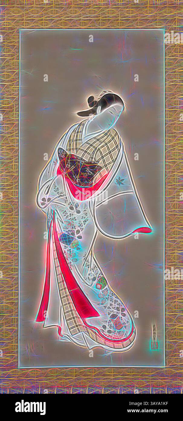 Eine anmutige Figur in einem traditionellen Kimono, elegant mit fließenden Stoffen und komplizierten Mustern, die ein Gefühl von kultureller Schönheit und Kunstfertigkeit ausstrahlt. Die lebendigen Farben und feinen Details betonen die zarte Handwerkskunst der Kleidung., Portrait of Takao, KondÅ Katsunobu (Japanisch), Edo, 1716-1735, Tinte und Farbe auf Papier, 46 x 20-1/2 Zoll (Bild), signiert: Kondo Katsunobu hitsu Siegel: Kondo shi, Asiatische Kunst, Klassische Kunst mit einem modernen Twist von Artotop Stockfoto