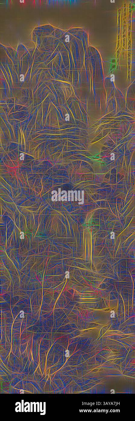 Eine abstrakte Darstellung einer bergigen Landschaft, mit wirbelnden Linien und lebhaften Farben, die ein Gefühl von Tiefe und Bewegung schaffen und eine traumhafte Atmosphäre hervorrufen., Frühlingslandschaft, Saito Kian (Japanisch, 1805-1883), Meiji, 1881, Tinte und helle Farbe auf Seide, 63 x 22 Zoll (Bild) 84 x 28-1/8 Zoll (Insgesamt) 31-3/8 Zoll (Einbaubreite – Hängestangen) L: 1-1/4 Zoll (Hängende Schnur), signiert vom Künstler und Datum lautet: Meiji kanoto no mi (entspricht 1881) Winter, 11. Monat, 77 [Jahre] Rojin Kian, Jahr      4 Reliefsiegel: (Ungelesen) Inschrift: (Ungelesen) Quadratisches Reliefsiegel u.r.c Stockfoto