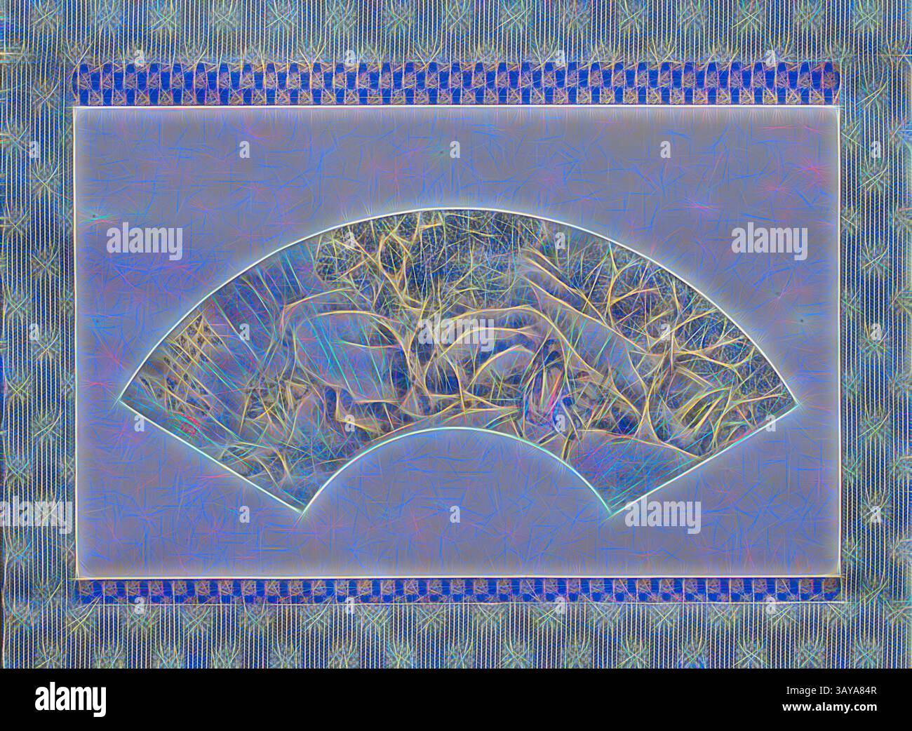 Eine abstrakte Komposition mit einer geschwungenen Fächerform, die mit lebhaften Farben und Texturen überlagert ist. Der Hintergrund ist mit einem geometrischen Muster verziert, das das dynamische Zusammenspiel von Formen und Schattierungen verstärkt., Reiten auf einem Esel im Schnee, Sheng Maoye (Chinesisch), Ming-Dynastie, Periode, Chongzhen, 1632, Tinte und Farbe auf Papier, 14-1/4 x 23-1/8 Zoll (Bild) 47 x 27-13/16 Zoll (Insgesamt), signiert: Sheng Maoye für [mein] raffiniertes, neues poetisches Elder Brother Seal: Sheng Maoye Yin, Asian Art, Klassische Kunst mit einem modernen Twist, neu interpretiert von Artotop Stockfoto