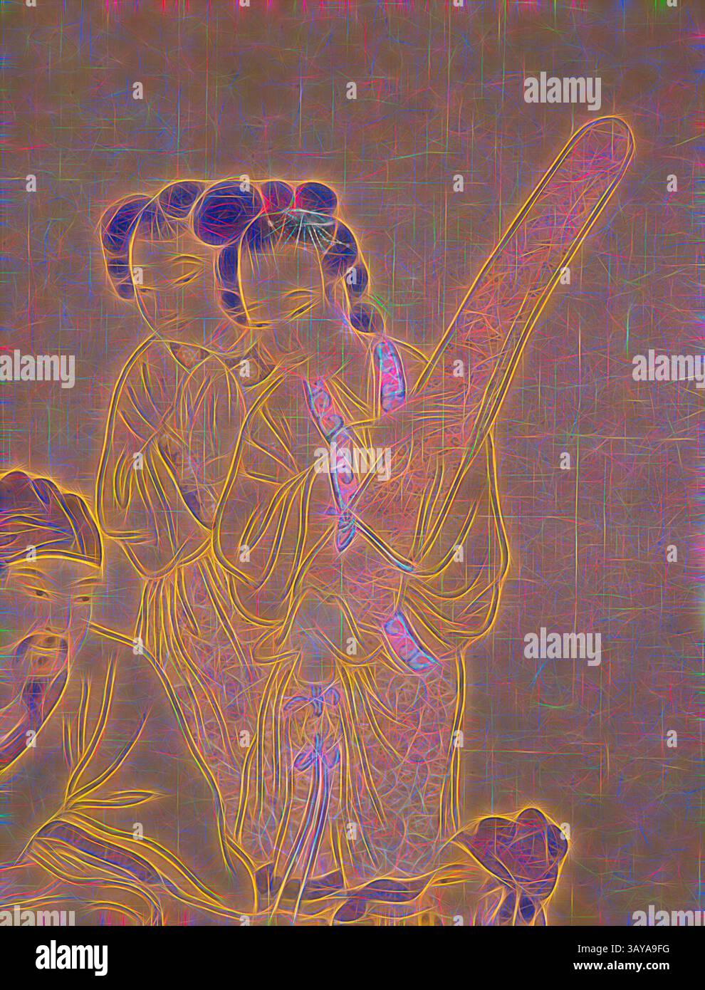 Zwei elegant gekleidete Frauen in traditioneller Kleidung sind abgebildet, von denen eine ein großes Instrument hält. Sie scheinen in Gesprächen verwickelt zu sein, mit komplizierten Mustern und fließenden Linien, die das künstlerische Flair der Szene verstärken. Der Hintergrund zeigt sanfte, gedämpfte Töne, die ihren Ausdrücken und Bewegungen eine traumhafte Qualität verleihen. Figuren nach Chen Hongshou, Gai Qi (Chinesisch, 1774-1829), Qing-Dynastie, Periode, Jiaqing, 1800, Tinte und Farbe auf Seide, 35-3/8 x 18-1/8 Zoll (Bild), signiert: Gai Qi Siegel: Gai Boyun Yin Siegel: Yuhu Waishi Siegel: Gai Qi Siegel: Yuhu Waishi, Asiatische Kunst, Klassische Kunst mit modernem Twist Stockfoto