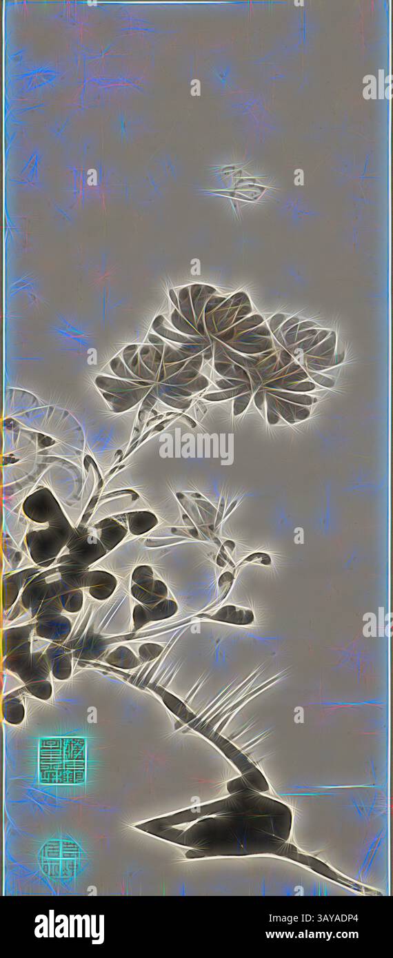Ein zartes Arrangement von Blättern und Blüten verflechtet sich anmutig, hervorgehoben durch ein ätherisches Leuchten. Ein kleiner Schmetterling flattert darüber und verstärkt die ruhige Atmosphäre dieser botanischen Szene. Subtile geometrische Formen im Hintergrund sorgen für einen Hauch von Intrigen., Chrysanthemen und Schmetterling, ItÅ JakuchÅ« (Japanisch, 1716-1800), Edo, ca. 1765, Tinte auf Papier, 39 x 17 Zoll (Bild) 65 x 18-1/4 Zoll (Montage) 20-1/4 x 3/4 Zoll (Rollbar), Artist Seals, Mark Description:, 1. Square Intaglio: Jokin Azana Keiwa 2. Rundes Relief: Asiatische Kunst, Klassische Kunst mit modernem Touch, neu interpretiert von Artotop Stockfoto