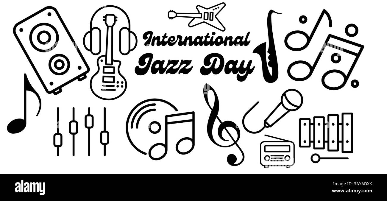 Speziell Jazz, der International Jazz Day feiert. Es umfasst verschiedene musikalische Elemente wie Lautsprecher, Kopfhörer, E-Gitarre, Saxophon, Stock Vektor