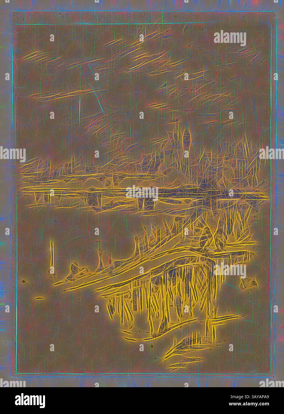 Eine ruhige Landschaft mit einem ruhigen Gewässer, das weit entfernte Hügel unter einem strukturierten Himmel reflektiert, mit sanften Linien, die eine künstlerische Interpretation der Natur suggerieren. Der Vordergrund enthält abstrakte Formen, die an ein Dock oder eine Holzstruktur erinnern und der Szene Tiefe verleihen. Savoy Pigeons, James Abbott McNeill Whistler (amerikanisch, 1834-1903), 1896, Transfer-Lithographie auf braunem Papier, 7-7/8 x 5-1/2 Zoll. (Bild) 11 x 8-1/8 Zoll (Blatt), Blindstamp, l.l.: The Studio London, Classic Art with a modern Twist designed by Artotop Stockfoto