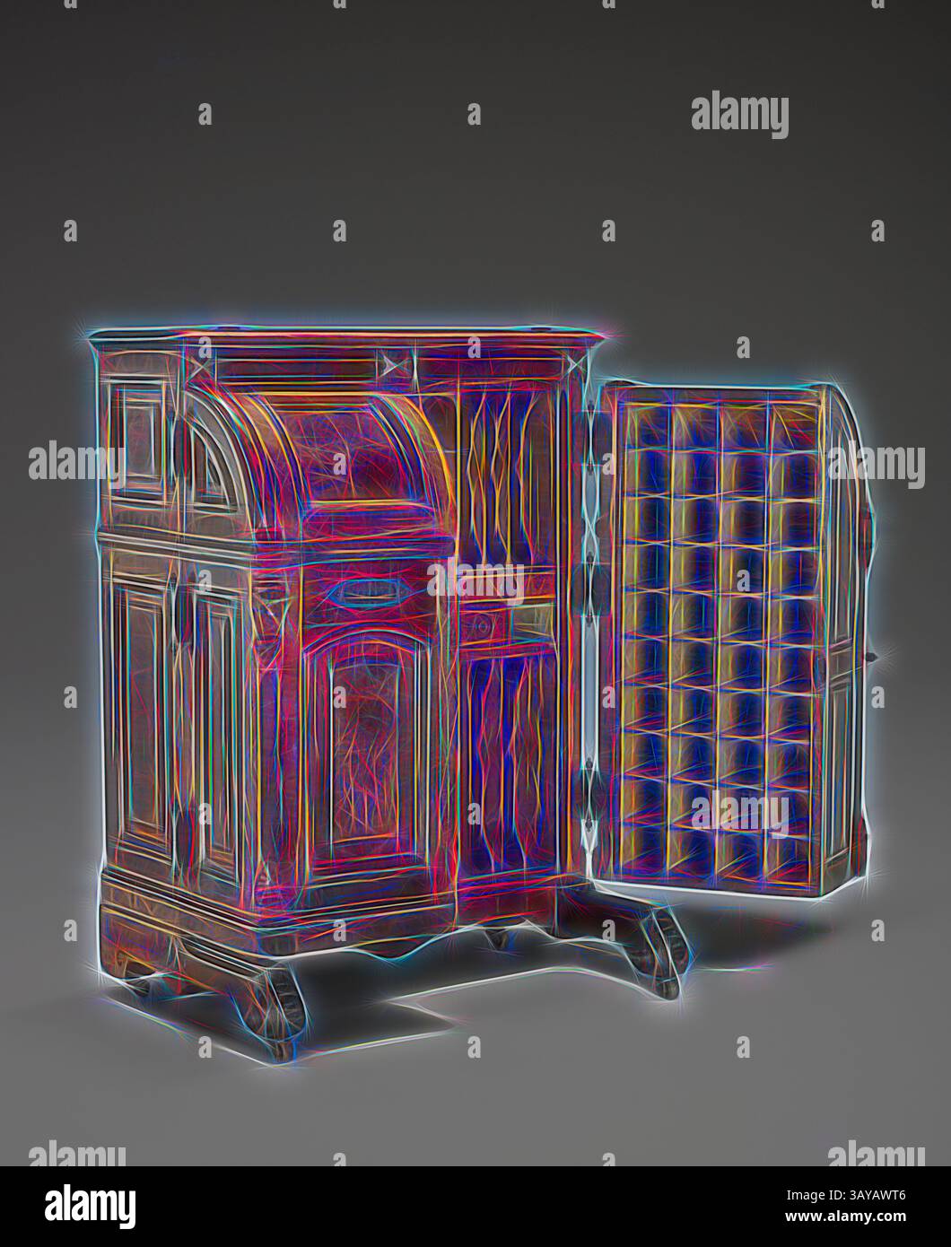 Ein aufwändig gestalteter Holzschrank mit kunstvollen Details, der eine geschwungene, dekorative Front und eine Tür zeigt, die sich öffnen lässt, um ein rasterartiges Interieur freizulegen. Die reichhaltigen Texturen und Muster wecken ein Gefühl von Handwerkskunst und Geschichte., Schreibtisch, Wooton Desk Company, Hersteller (amerikanisch), 1874-1879, Nussbaum mit Ahorn- und Wurzelfurnier, Kirsche, Tulpe und andere Hölzer, Metallbeschläge, 57-3/4 x 42-1/4 x 31-1/4 Zoll, Guss, Metallplatte, Mitte Vorderseite der linken Tür: BUCHSTABEN Guss, Metallplatte, Mitte Vorderseite der rechten Tür: HERGESTELLT VON, WOOTEN DESK CO., INDIANAPOLIS, IND., PAT. OKT. 6. 1874 Stockfoto