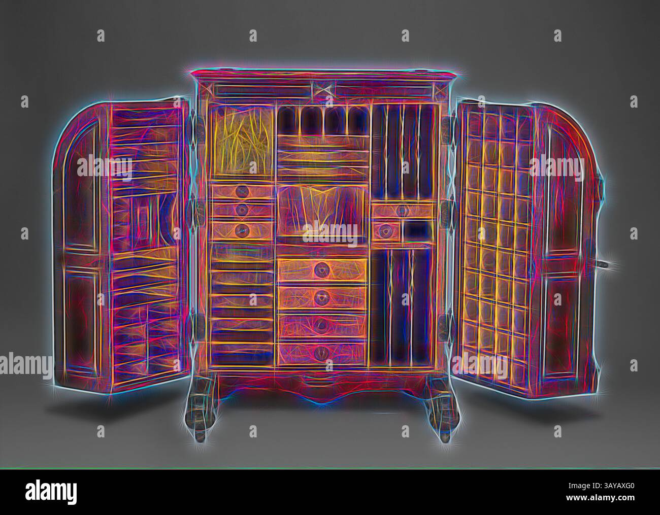 Ein kunstvoller Schrank mit aufwändigen Details, mehreren Schubladen und Fächern, der offen steht und ein lebendiges Zusammenspiel von Farbe und Design freigibt. Das künstlerische Rendering betont seine Handwerkskunst und Eleganz und fängt das Wesen eines klassischen Möbelstücks ein., Schreibtisch, Wooton Desk Company, Manufacturer (American), 1874-1879, Nussbaum mit Ahorn- und Wurzelfurnier, Kirsche, Tulpe und andere Hölzer, Metallbeschläge, 57-3/4 x 42-1/4 x 31-1/4 Zoll, Guss, Metallplatte, Mitte Vorderseite der linken Tür: BUCHSTABEN Guss, Metallplatte, Mitte Vorderseite der rechten Tür: HERGESTELLT VON, WOOTEN DESK CO Stockfoto