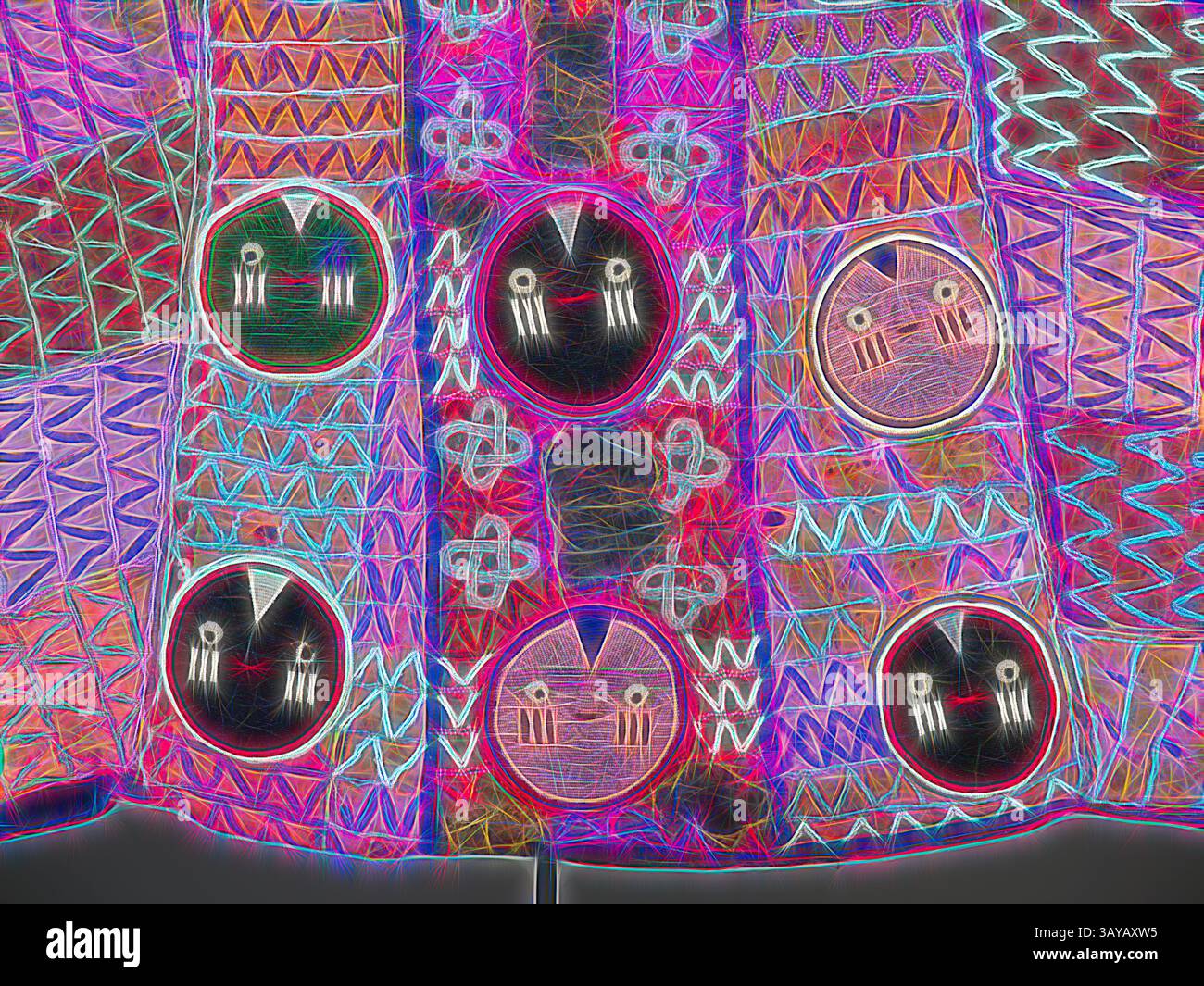 Ein lebendiges Textil mit komplizierten Mustern und auffälligen geometrischen Designs, hervorgehoben durch ausdrucksstarke Gesichter und kontrastierende Farben, die einen dynamischen visuellen Wandteppich schaffen., Königs zeremonielles Gewand, Yoruba People, 1925-1950, Samt, Baumwolle, importierte Glasperlen, 73 x 46 x 1 Zoll, Textil- und Modekunst, klassische Kunst mit einem modernen Twist, neu interpretiert von Artotop Stockfoto