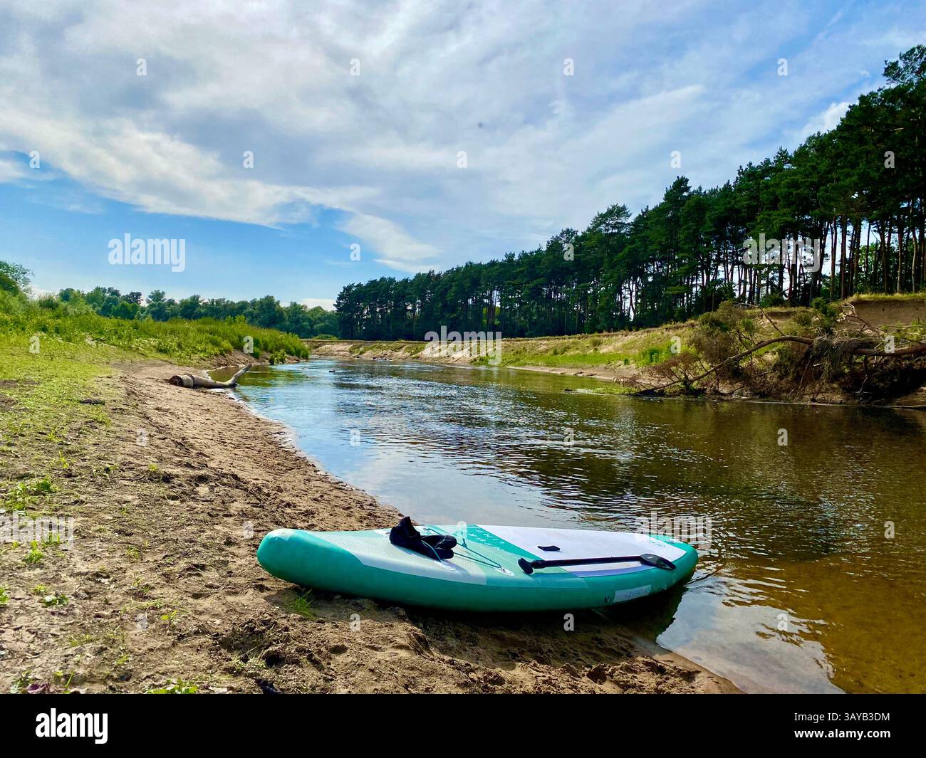 Ein grünes Surfbrett liegt an einem Sandufer in der Nähe von ruhigem Wasser. Im Hintergrund säumen dichte Wälder den Fluss, während er sich durch die Landschaft windet. A tra - Smartphone-aufgenommenes Stockfoto