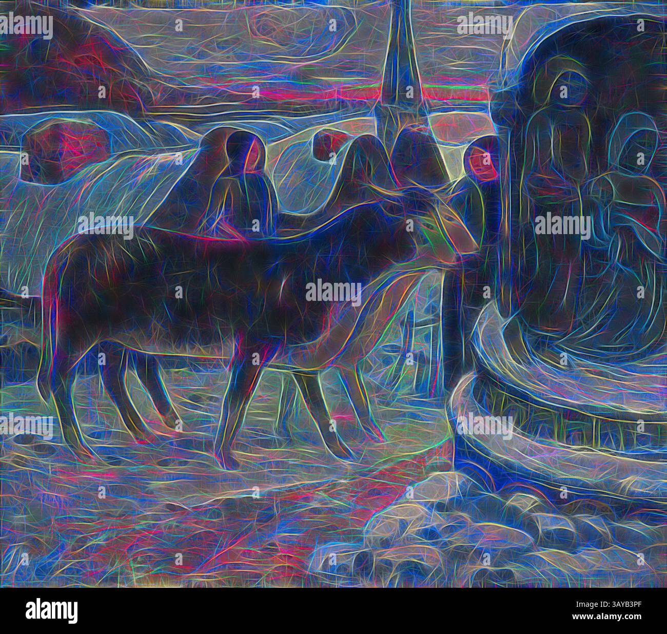 Eine ruhige Landschaft mit einer Kuh, die mit einer Gruppe ätherischer Figuren interagiert, umgeben von komplizierten Texturen und lebhaften Linien. Im Hintergrund fügt eine Statue der Szene ein mystisches Element hinzu. Weihnachtsnacht (der Segen der Ochsen), Paul Gauguin (Französisch, 1848-1903), 1902-1903, Öl auf Leinwand, 27-15/16 x 32-1/2 Zoll (Leinwand) 38-3/8 x 43 x 2-5/16 Zoll (Gerahmt), signiert unten rechts: P. Gauguin, European Painting and Sculpture 1800-1945, Klassische Kunst mit einem modernen Twist, neu interpretiert von Artotop Stockfoto