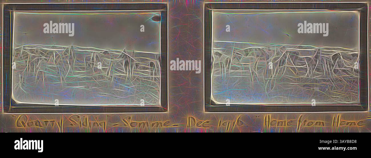 Eine ruhige Landschaft mit sanften Hügeln und einem fernen Horizont. Die Szene vermittelt ein Gefühl von Nostalgie, mit den Worten 'Quality Sling Summer - Dez 1918 - Home from Home', elegant unten eingeschrieben., Foto: 'Quarry Siding', Frankreich, Sergeant John Lord, 1. Weltkrieg, 1916, Schwarzweiß-Fotodruck, der das Anschlussgleis des Steinbruchs im Tal zwischen den Städten Bazentin-le-Grand und Montauban, Frankreich, zeigt. Montauban wurde am ersten Tag der Schlacht an der Somme, dem 1. Juli 1916, von den britischen Truppen angegriffen und gefangen genommen und blieb bis März 1918 in alliierter Hand. Als Stockfoto