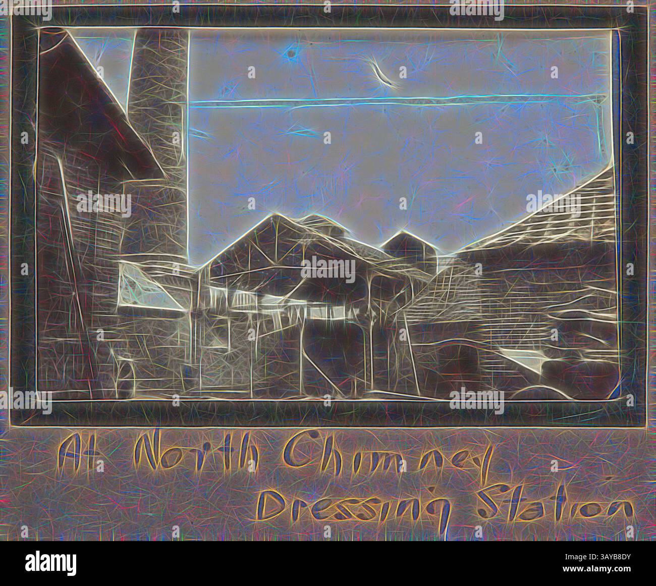 Ein stilisierter Blick auf einen Gebäudekomplex an der North Channel Dressing Station mit eckigen Dächern und einem kontrastierenden Himmel im Hintergrund. Die Szene weckt ein Gefühl von Nostalgie und historischem Charme, mit auffälligen Linien und lebendigen, elektrischen Farben., Foto: „At North Chimney Dressing Station“, Frankreich, Sergeant John Lord, 1. Weltkrieg, 1916-1917, Schwarzweiß-Fotodruck, der die Ankleidestation in North Chimney am Stadtrand von Albert zeigt. Das Hauptquartier der Advanced Dressing Station befand sich in der ersten Hälfte des Jahres 1916 in North Chimney, wurde aber am 30. Des Jahres verlegt Stockfoto