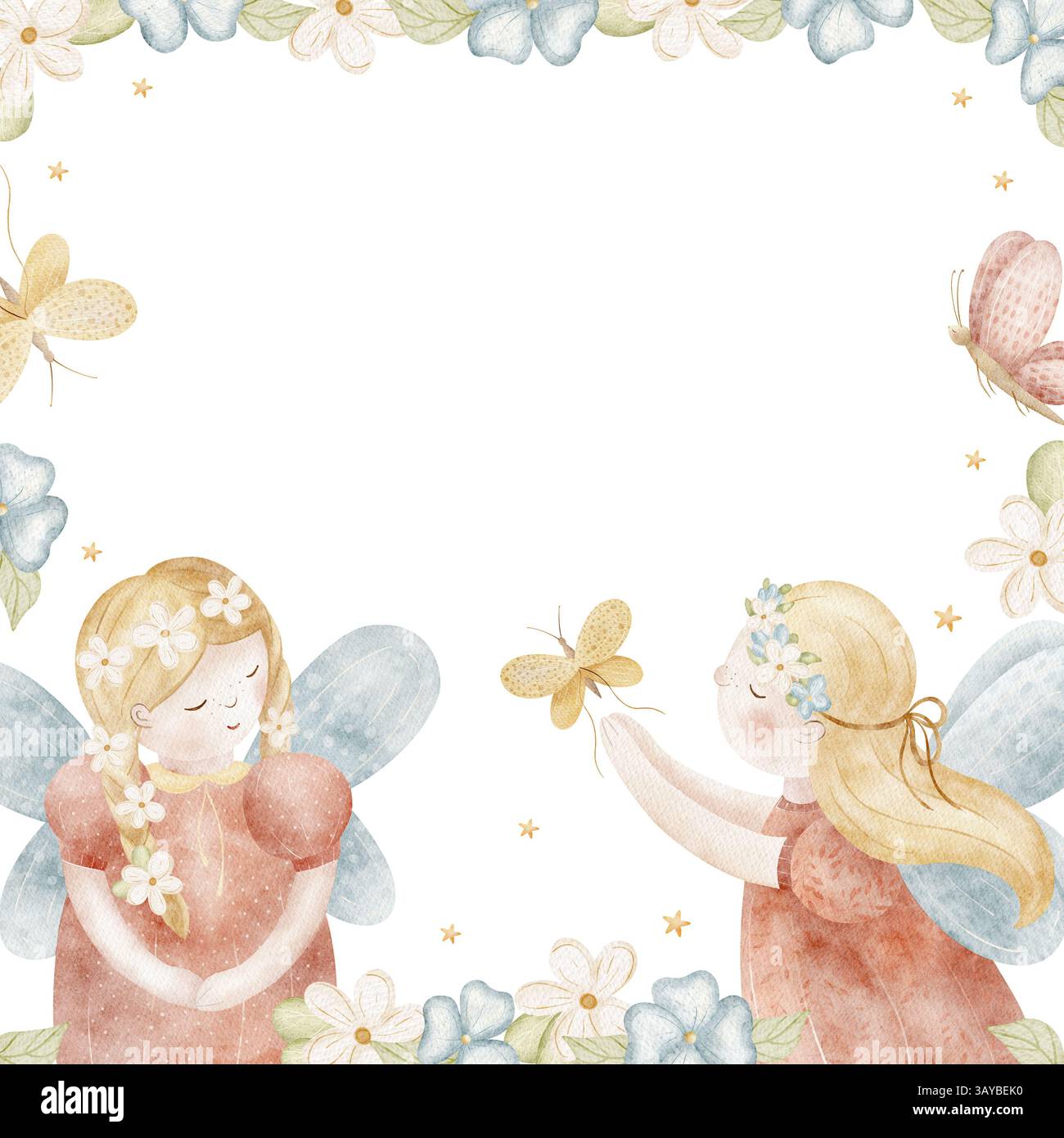 Rahmen Aquarellillustration Fee Mädchen, das Schmetterlinge in Blumen fängt. Handgezeichnete Vorlage im Kinderstil isoliert auf Hintergrund für Design von Stockfoto