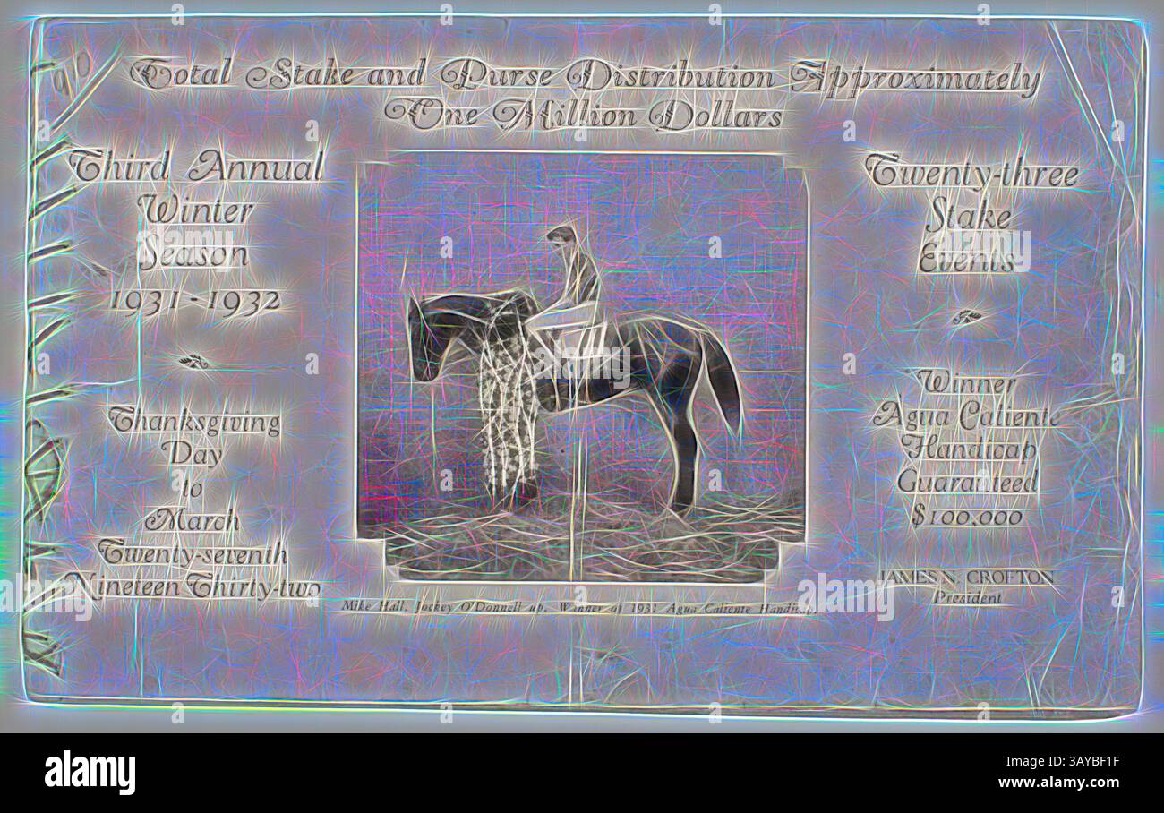 Ein Vintage-Poster, das das dritte jährliche Pferderennen in der Wintersaison ankündigt und einen Reiter auf einem Pferd zeigt. Das Design hebt einen Gesamteinsatz und eine Geldbörse von etwa einer Million Dollar hervor, mit bemerkenswerten Details wie dem Siegerpreis von 100.000 Dollar und dem Veranstaltungszeitraum vom Thanksgiving Day bis zum 27. März 1932. Der Text ist mit dekorativen Elementen verziert, die der Ankündigung einen nostalgischen Flair verleihen., Rennprogramm - Agua Caliente Jockey Club, Dritte jährliche Wintersaison, 1931-1932, Alternative Name(n): Programm, Booklet das Booklet wurde von der Agua Caliente herausgegeben Stockfoto