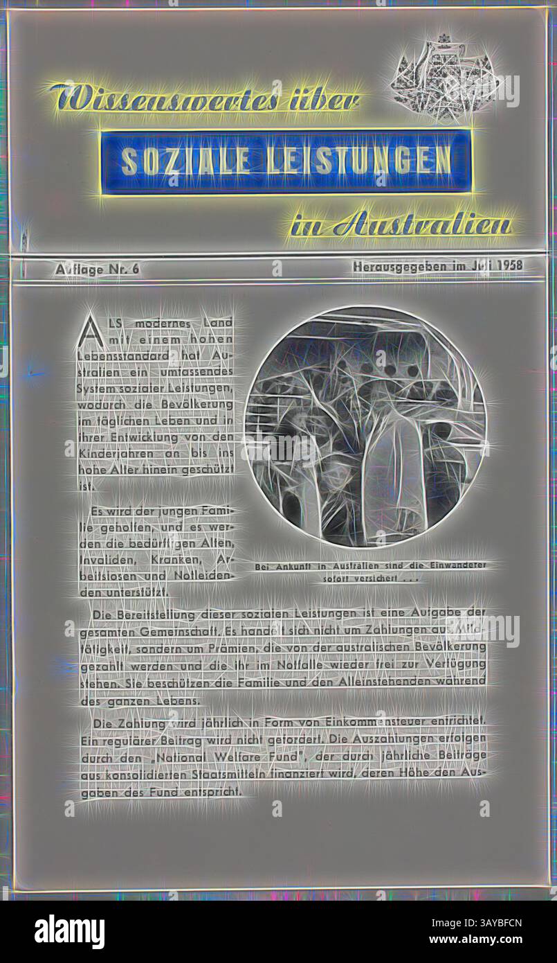 Ein Newsletter vom Juli 1958 mit dem Titel „Wissenswertes über soziale Leistungen in Australien“ über soziale Dienstleistungen in Australien. Es zeigt ein zentrales Bild mit Gesprächspartnern, begleitet von einem artikel, in dem die zu diesem Zeitpunkt verfügbaren Sozialleistungen und Unterstützungssysteme beschrieben werden. Booklet - Wissenswertes uber soziale Leistungen in Australien, Commonwealth of Australia, Juli 1958, Booklet mit dem Titel Wissenswertes uber soziale Leistungen in Australien, herausgegeben vom australischen Einwanderungsministerium im Juli 1958. Details für Stockfoto
