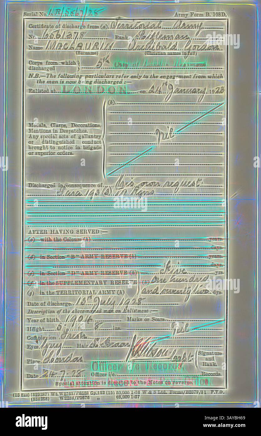 Ein Formular zum Militärdienst mit Angaben zu persönlichen Informationen, Dienstgeschichte und offiziellen Unterschriften in Bezug auf die militärische Erfahrung eines Soldaten. Zertifikat - Entlassung, ausgestellt an Archibald Gordon Maclaurin, British Territorial Army, 13. Juli 1928, Entlassungszertifikat ausgestellt an Archibald Gordon Maclaurin, ausgestellt am 13. Juli 1928. In dem Dokument wird sein Rang als Rifleman (Datum der Einberufung am 24. Januar 1923) vermerkt, dass er auf eigenen Antrag am 13. Juli 1928 entlassen wurde. Archibald Gordon Maclaurin wurde 1904 in Westham London geboren. Er hat sich als Drucker ausgebildet Stockfoto