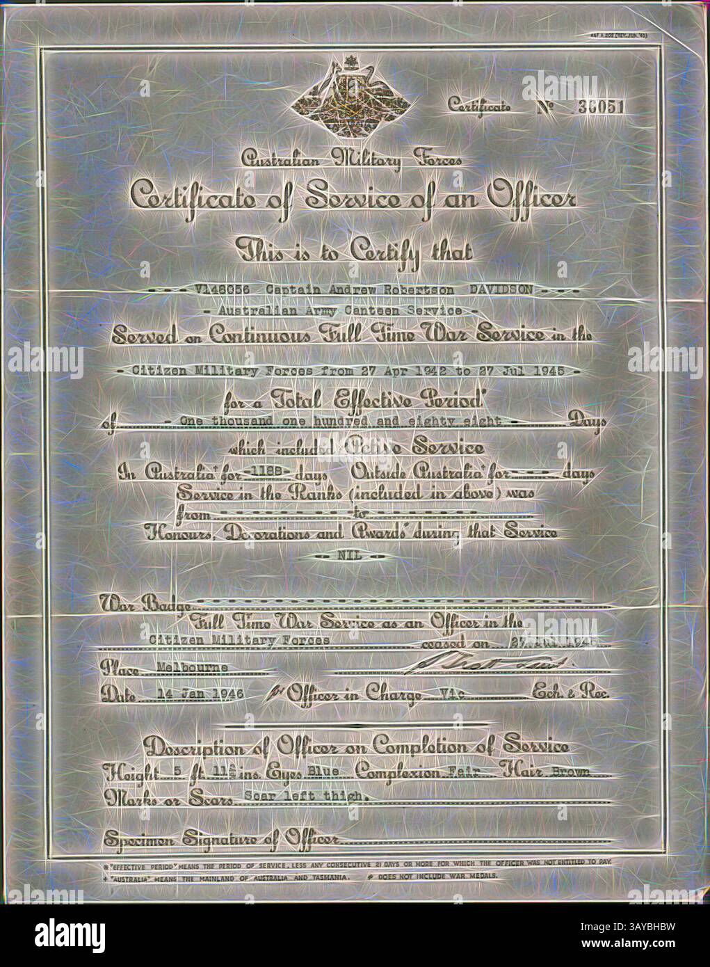Ein Militärzeugnis, das den Dienst eines Offiziers bestätigt, mit Angaben zu seinem Rang, seiner Dienstzeit und seinen Beiträgen während eines bestimmten Konflikts, zusammen mit einer offiziellen Unterschrift und Registrierungsnummer. Zertifikat - Dienst eines Offiziers, ausgestellt an Captain Andrew Robertson Davidson, Australian Military Forces, 14. Januar 1946, Zertifikat über den Dienst eines Offiziers, Australian Military Forces, ausgestellt an Captain Andrew Robertson Davidson, Australian Army Kantteen Service Service Service Service Service Service Service Service Service Service Service Service Service Service Service Service. Details ununterbrochener Vollzeit-Kriegsdienst in den Bürgerkriegstreitkräften ab dem 27. April 1945 für eine effektive Gesamtdauer von 1 Stockfoto