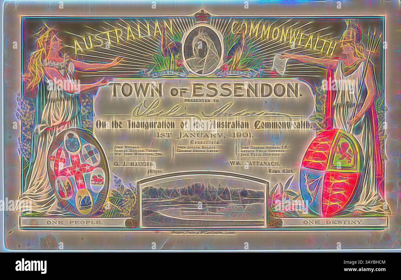 Ein dekoratives Zertifikat zur Einweihung des australischen Commonwealth, das künstlerische Elemente und Symbole enthält, die auf australische Kultur hinweisen, zusammen mit dem Datum, dem 1. Januar 1901, und Unterschriften von Beamten., Zertifikat - vorgelegt an Leslie Anderson, Essendon, Victoria, 1901, Zertifikat gedruckt von Mason, Firth & McCutcheon zur Einweihung des Commonwealth of Australia, 1. Januar 1901. Es wurde Leslie Anderson von der Stadt Essendon überreicht. Das Zertifikat enthält weibliche Figuren von Australien und Britannia, das Advance Australia Wappen, ein schwarzes und Stockfoto