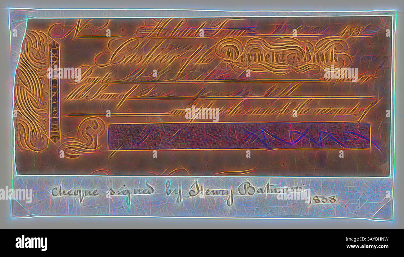 Ein kunstvoll verziertes Karomuster mit aufwändigen Designs und dekorativen Schriftzügen, mit einer Signatur auf der Unterseite, die die Authentizität angibt. Die Details spiegeln eine historische Finanztransaktion wider und betonen die Handwerkskunst der damaligen Zeit., Scheck - Henry Batman, Derwent Bank, Melbourne Branch, Victoria, Australien, 18. Mai 1838, Scheck über sieben Pfund 13 Schilling 6 Pence an W.F.A. Rucker oder Träger und dasselbe an Henry Batman, 18. Mai 1838. Signiert von Henry Batman., Klassische Kunst mit modernem Touch, neu interpretiert von Artotop Stockfoto