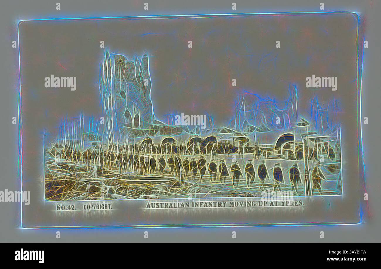 Australische Infanterie, die in Ypern vorrückt, mit einer dramatischen Kulisse von kriegszerstörten Landschaften und Ruinen. Die Szene fängt die Entschlossenheit und Widerstandsfähigkeit der Soldaten in einem entscheidenden Moment der Geschichte ein., Zigarettenkarte - 'Australian Infantry Moving Up at Ypern', Offizielles Foto des Ersten Weltkriegs, Magpie Cigarettes, um 1922, Nr. 42 in der Serie der Zigarettenkarten aus dem Ersten Weltkrieg, produziert von Magpie Cigarettes. Das Bild trägt den Titel „Australian Infantry Moving Up at Ypern“. Es zeigt australische Soldaten und Lastwagen, die auf einer Straße mit Ruinen im Hintergrund marschieren. Die Bilder auf dieser Zigarettenserie Stockfoto