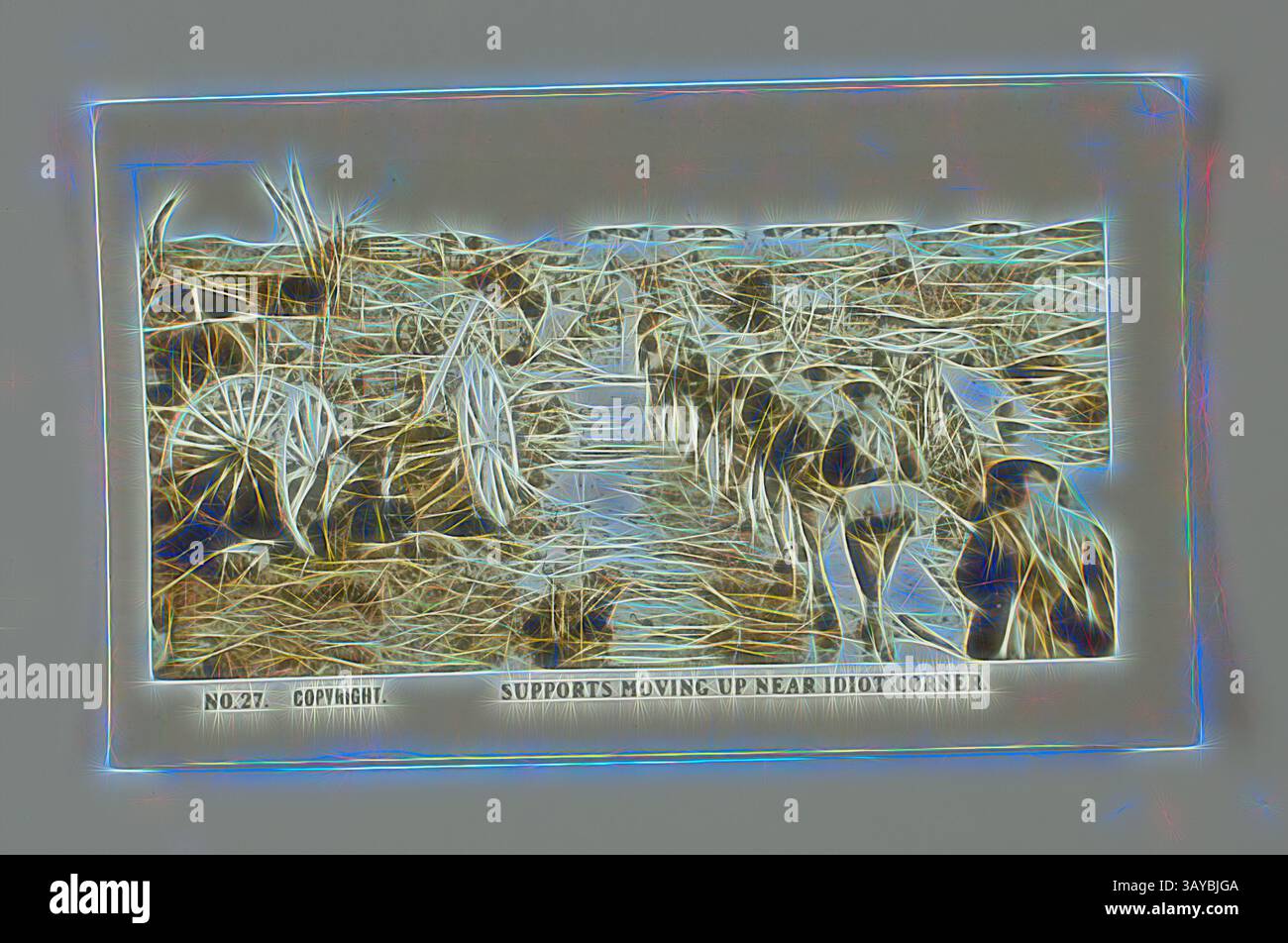 Eine Gruppe von Figuren wird auf einem rustikalen Pfad beobachtet, der von karger Landschaft und karger Vegetation umgeben ist. Zwei prominente Wagen sind sichtbar, was auf eine Reise oder Transportaktivität hindeutet, während die Gesamtszene ein Gefühl von Bewegung und Entschlossenheit vermittelt., Zigarettenkarte - 'Supports Moving up near Idiot Corner', Offizielles Foto des Ersten Weltkriegs, Magpie Cigarettes, um 1922, Nr. 27 in der Serie der Zigarettenkarten aus dem Ersten Weltkrieg, die von Magpie Cigarettes produziert wurden. Das Bild trägt den Titel „Supports Moving up near Idiot Corner“. Es zeigt Soldaten, die in einer einzigen Akte auf einem Feldweg marschieren. Die Bilder Stockfoto