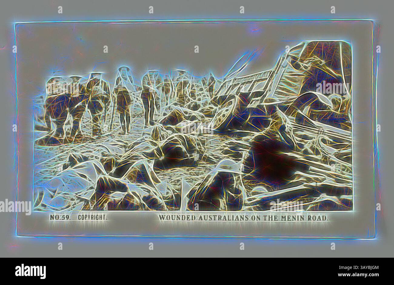 Eine Szene, die die Nachwirkungen des Konflikts zeigt und verwundete Personen am Straßenrand zeigt, mit einem Gefühl von Dringlichkeit und Verzweiflung, das die Gegend umgibt. Die düstere Atmosphäre unterstreicht die harten Realitäten des Krieges und seine Auswirkungen auf die Menschheit., Zigarette Card - 'verwundete Australier auf der Menin Road', offizielles Foto des Ersten Weltkriegs, Magpie Zigaretten, um 1922, Nr. 59 in der Serie der Zigarettenkarten aus dem Ersten Weltkrieg, produziert von Magpie Zigaretten. Das Bild trägt den Titel „verwundete Australier auf der Menin Road“. Es zeigt verletzte australische Soldaten auf einer Straße, die einige auf Bahren und daneben liegen Stockfoto