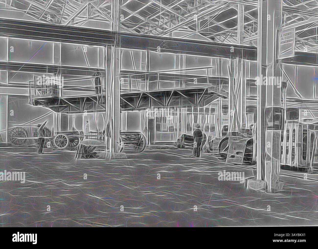 Ein weitläufiger Industriebereich bietet eine Reihe von Vintage-Maschinen und -Geräten, mit großen Balken und offenen Bereichen, die ein Gefühl von Tiefe schaffen. Die komplizierten Linien und Formen der Struktur verstärken ihren historischen Charakter., negativ - International Harvester, Raising Malcolm Moore Ltd 10-Tonnen Crane in Warehouse, 1940, Teil einer großen Sammlung von Glasplatten- und Filmnegativen, Transparentfolien, Fotoalben, Produktkatalogen, Videos, Filmfilme, Firmenzeitschriften, Anzeigen und Zeitungsausschnitte im Zusammenhang mit den Aktivitäten der International Harvester Company und ITS Stockfoto