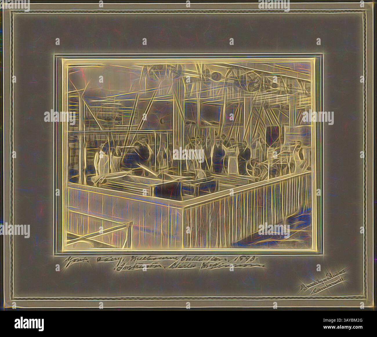 Eine geschäftige Szene aus einer historischen Ausstellung, die eine Vielzahl von Strukturen und Ausstellungen zeigt, mit einer Menge von Besuchern, die verschiedene Ausstellungen in einer weitläufigen, lebendigen Atmosphäre besuchen und erkunden., Digital Photography - Dairy Factory & Workers, Exhibition Building Annexe, 1888, Digital Scan eines Fotos der Käsefabrik und Arbeiter der viktorianischen Regierung Dairy, die auf der Melbourne Centennial International Exhibition eingerichtet wurde. Das Foto zeigt 15 Männer, viele tragen weiße Schürzen, umgeben von Fabrikausrüstung. Der mit einem Pfeil markierte Mann soll Charles McKinnon sein, der es war Stockfoto