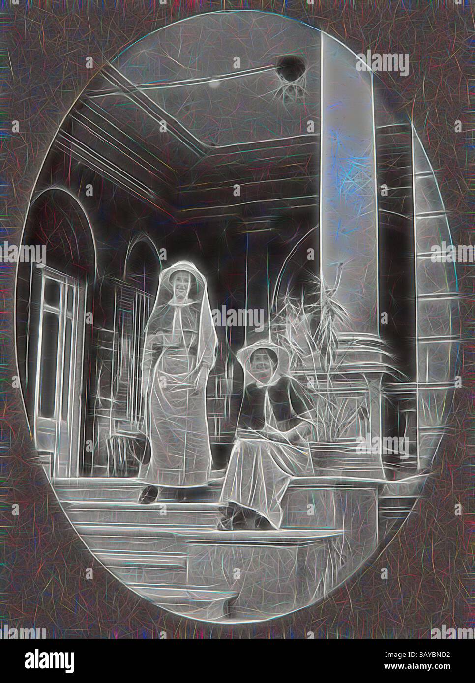 Zwei Figuren in historischer Kleidung stehen auf einer Treppe, die zu einem kunstvollen Eingang führt. Eine Figur blickt nachdenklich in die Ferne, während die andere ruhig neben ihr sitzt, umgeben von architektonischen Details und Pflanzen, die eine Atmosphäre des frühen 20. Jahrhunderts vermuten lassen., Digital Image - World war I, Two Nurses on Steps, Egypt, 1915-1917, digitales Bild eines Fotos aus einem Album von Schwester Selina Lily (Lil) Mackenzie, das das Leben als australische Krankenschwester während des Ersten Weltkriegs dokumentiert 1915 1917. Die Stockfoto