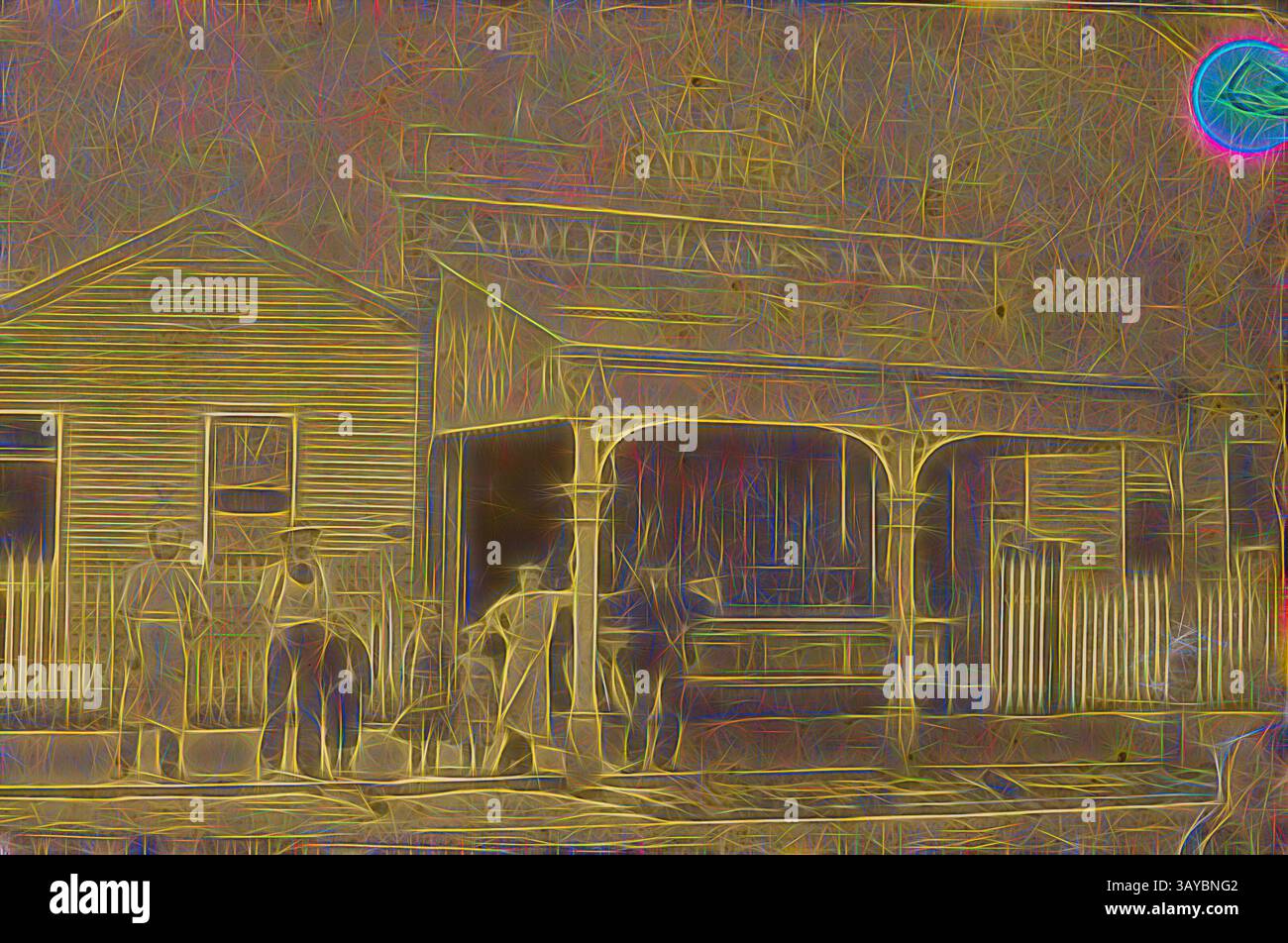 Stolz steht ein historischer Gemischtwarenladen mit ein paar Figuren, die das ländliche Leben aus einer vergangenen Zeit zeigen. Die Architektur verfügt über eine markante Veranda mit einem Schild, das den Namen des Geschäfts angibt, was an Nostalgie für einfachere Zeiten erinnert. Digitalfoto - Besitzer, Mitarbeiter & Familie außerhalb von J Kelly Saddlers & Harness Maker, St Kilda, Ende der 1870er Jahre, Sepia-Foto mit John Kelly, drei seiner Mitarbeiter und drei seiner Kinder außerhalb seines Geschäfts J Kelly Saddlers & Harness Maker in 384 High Street St Kilda, etwa in den späten 1870er Jahren John Kelly kam mit seinen Brüdern aus Irland nach Australien Stockfoto