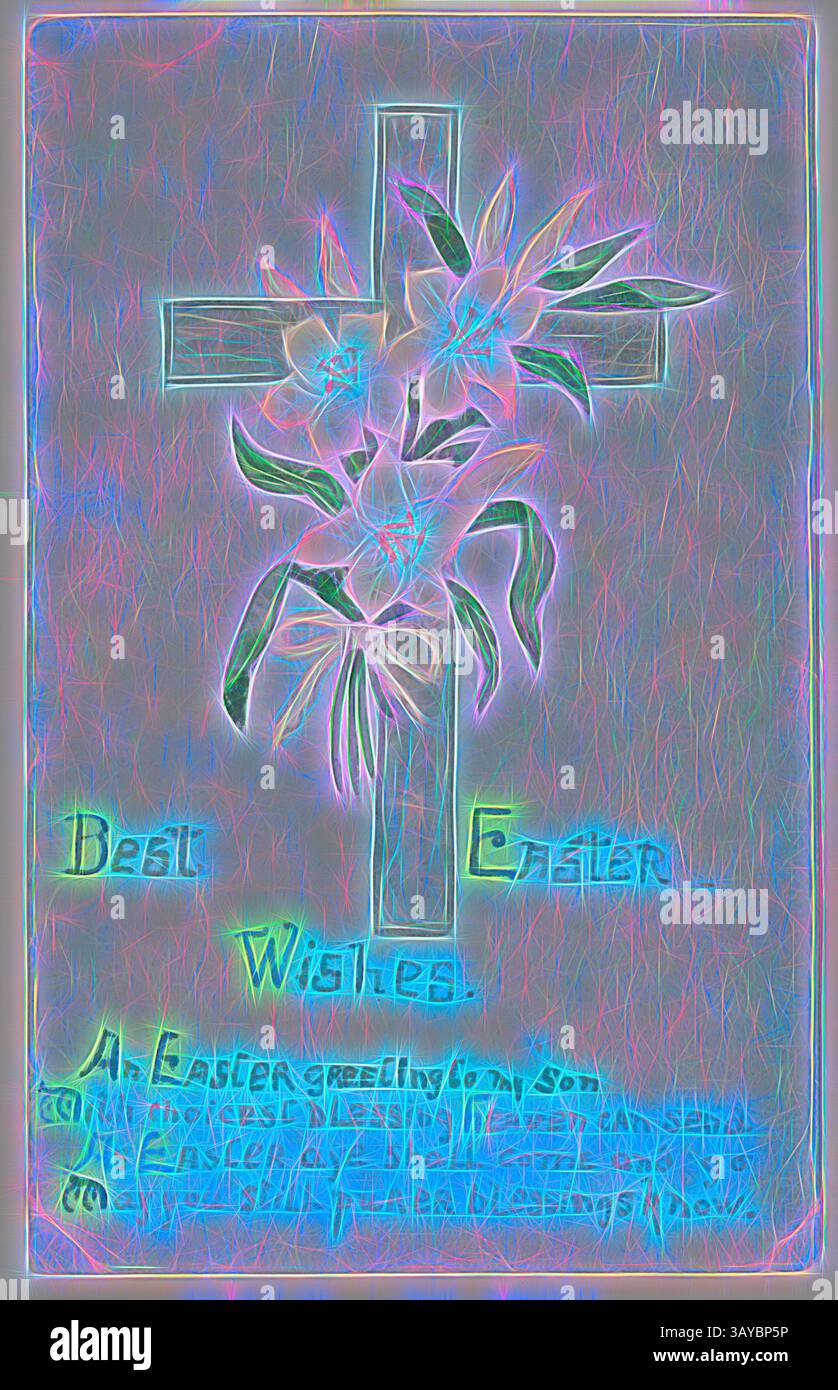 Eine künstlerische Darstellung eines mit Lilien geschmückten Kreuzes mit dem Text „Best Easter Wishes“ und einer herzlichen Botschaft für die Saison, die Themen Erneuerung und Hoffnung betont., Zeichnung - HMAS Australia, „Best Easter Wishes“ 1914-1918, eine von 63 Postkarten in einem Album, das Cliff Nowell gehörte. Im Album sind 25 Postkarten montiert und 38 Postkarten locker darin gehalten (lose Postkarten werden separat aufbewahrt). Die Bilder zeigen Fotografien von Seeleuten aus der HMAS Australien sowie von Familien und Freunden. Es enthält auch eine Mischung aus handgemalten Karten (zwei), Original Stockfoto