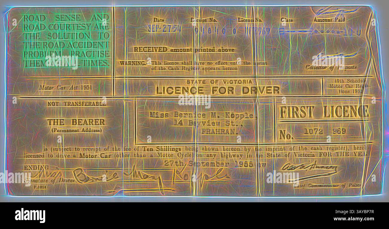 Ein altes Führerscheindokument mit detailliertem Layout mit Abschnitten zu persönlichen Informationen, Lizenzdetails und einem Verbot der Übertragbarkeit. Der Text betont die Verkehrssicherheit und Höflichkeit als Lösungen für Verkehrsunfälle und hebt die Bedeutung des verantwortungsvollen Fahrens hervor., Führerschein Bernice Kopple, Victoria, 27. September 1954, viktorianischer Führerschein von Bernice Kopple, der von Schottland nach Australien auswanderte, im Dezember 1950 an Bord des Schiffes New Australia, datiert vom 27. September 1954. Bernice Kopple wurde 1930 in Glasgow geboren und wanderte nach Melbourne aus Stockfoto