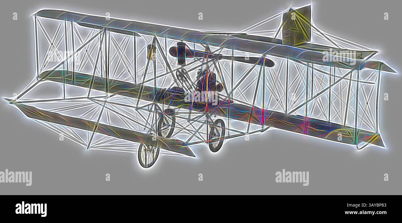 Ein Vintage-Doppeldecker ist mit komplizierten Umrissen und lebhaften Akzenten dargestellt, die sein klassisches Design mit freiliegenden strukturellen Elementen zeigen, die ein Gefühl von Nostalgie und Luftfahrtgeschichte wecken., Flugzeug - Duigan Biplane, Mia Mia, Victoria, 1910, Flugzeug gebaut in Mia Mia, Victoria, von John Robertson Duigan, 1909-1910. Es handelt sich um ein einsitziges Doppeldecker mit einem beweglichen Vorflugzeug und einem leichten Unterwagen. Hergestellt aus Holz, Metall und gummibeschichtetem Baumwollgewebe, hergestellt von Dunlop Pneumatic Rubber Co. Seit seiner Ersetzung. Ausgestattet mit einem vertikalen Vierzylinder mit 25 PS (19 kW) Leistung Stockfoto