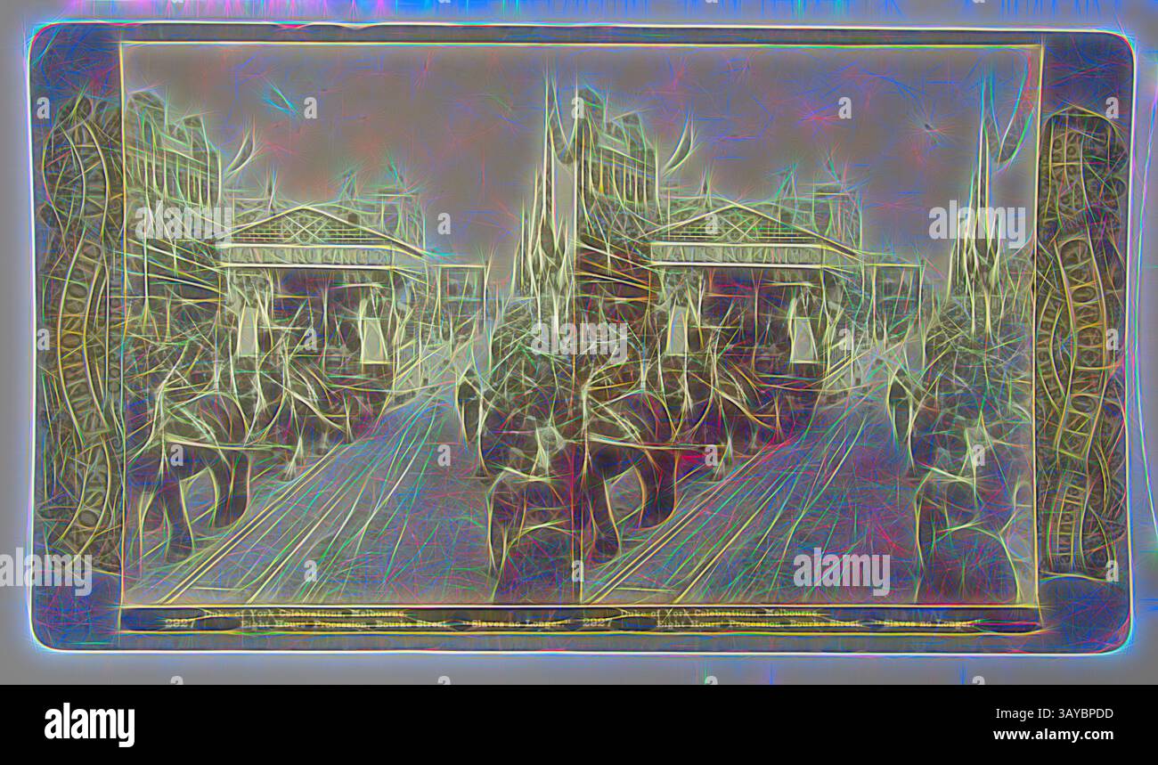Eine geschäftige Straßenszene voller elegant gekleideter Fußgänger und Pferdekutschen, eingerahmt von kunstvollen Gebäuden und Türmen. Die Atmosphäre vermittelt ein Gefühl von Vitalität und historischem Charme und fängt einen Moment des urbanen Lebens ein., Stereograph - 'Duke of York Celebrations: 8 Stunden Prozession', 1901, Stereograph der achtstündigen Prozession, die 1901 während der Feierlichkeiten für den Besuch des Duke of York im Jahr 1901 stattfand. Das Objekt ist Teil einer Sammlung von Stereoskopischen Rosenansichten (Stereographien), die sich auf den Besuch des Herzogs und der Herzogin von Cornwall und York in Melbourne und Sydney während der beziehen Stockfoto
