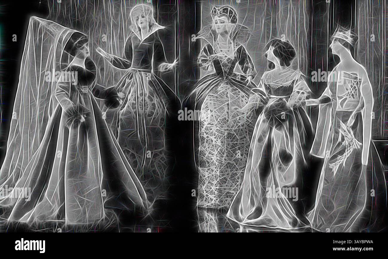 Eine Gruppe elegant gekleideter Frauen in historischer Kleidung, mit komplizierten Kleidern und raffinierten Frisuren, in Gesprächen, mit einem Gefühl von Anmut und Charme aus einer vergangenen Zeit., negativ - Emily McPherson College HandCrafts Display, 1927-1935, negative Fotografie von fünf Puppen oder Maquetten in Kostümen vom Mittelalter bis zum 19. Jahrhundert im Emily McPherson College, Melbourne. Das Datum ist unbekannt, aber das College wurde 1927 eröffnet, und das Make-up auf den Puppen deutet auf ein Datum in den späten 1920er bis frühen 1930er Jahren hin Das Museum Victoria beherbergt eine kleine Sammlung von Fotos von Ausstellungen während Stockfoto