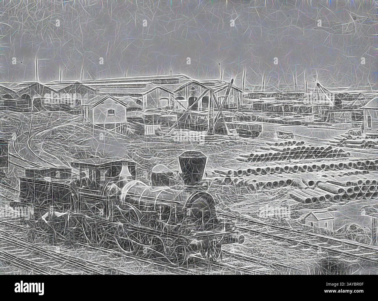 Eine alte Dampflokomotive fährt auf Eisenbahngleisen, umgeben von Industriebauten und Holzstapeln in einem belebten Hof. Die Szene fängt ein Gefühl von Nostalgie und das aktive Wirken einer vergangenen Ära in Transport und Industrie ein., negativ - Melbourne, Victoria, um 1885, Lok No.64 in den Bahnhöfen, viktorianische Güterschuppen im Hintergrund. Auf der rechten Seite befindet sich ein Stapel Kanalrohre. Klassische Kunst mit einem modernen Touch, der von Artotop neu gestaltet wurde Stockfoto