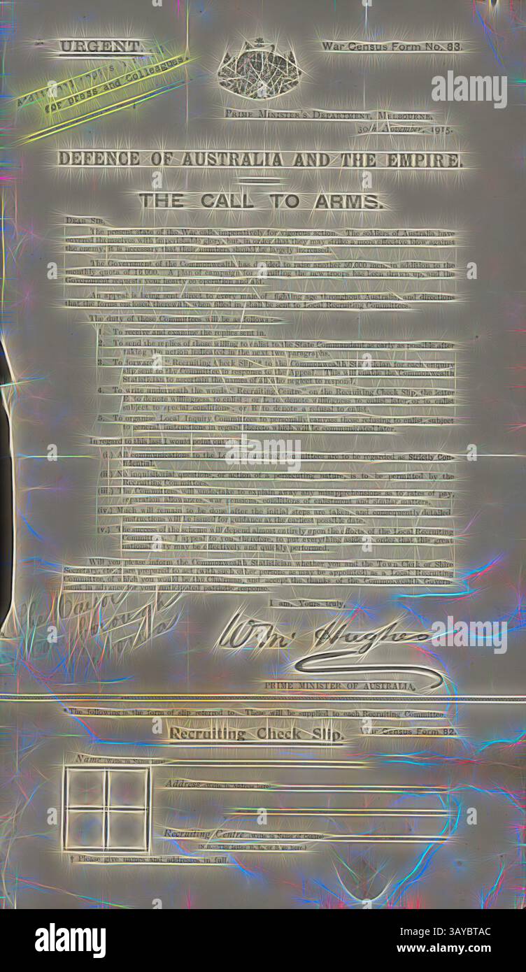 Ein Rekrutierungsformular mit dem Titel „DEFENSE OF AUSTRALIA AND THE EMPIRE“ (VERTEIDIGUNG AUSTRALIENS UND DES IMPERIUMS), in dem dringende Anweisungen und Informationen für potenzielle Rekruten gefordert werden. Es trägt offizielle Unterschriften und Identifikatoren in Bezug auf die australische Regierung während eines historischen Konflikts., Faltblatt - 'The Call to Arms', mit Recruiting Check Slip, 30. November 1915, Alternative Name(s): Form, Flyer Folio-großes cremefarbenes Papier-Faltblatt, 'war Census Form 83', enthält einen Aufruf zu Waffen von W. M. Hughes, Premierminister von Australien. Das Formular enthält einen Scheck für die Personalbeschaffung am unteren Rand. Der Slip Stockfoto
