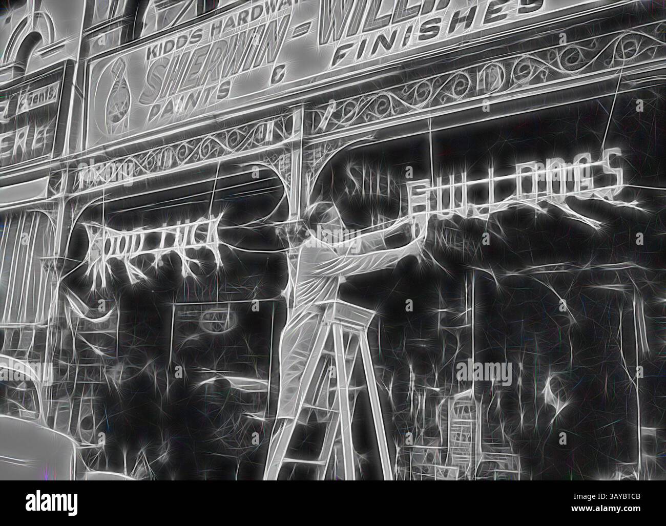 Eine Person auf einer Leiter malt große Buchstaben auf einer Ladenfront, umgeben von Vintage-Schildern und Details des Eisenwarengeschäfts. Die Szene fängt einen Moment der Handwerkskunst und des urbanen Lebens ein und unterstreicht die künstlerische Anstrengung, die mit dem Design der Storefront verbunden ist. Negativ: „Good Luck Bulldogs“, Footscray, Victoria, 1954, Schwarz-weiß-Bild von John Tait, das vor Kidd's Hardware ein Schild mit der Aufschrift „Good Luck Bulldogs“ hängt. Der Footscray Football Club, die Bulldogs, trat 1954 im Grand Final der Victorian Football League gegen Melbourne an. Sie siegten mit einer Punktzahl von 102 zu 51., Klassische Kunst mit einer Moderne Stockfoto