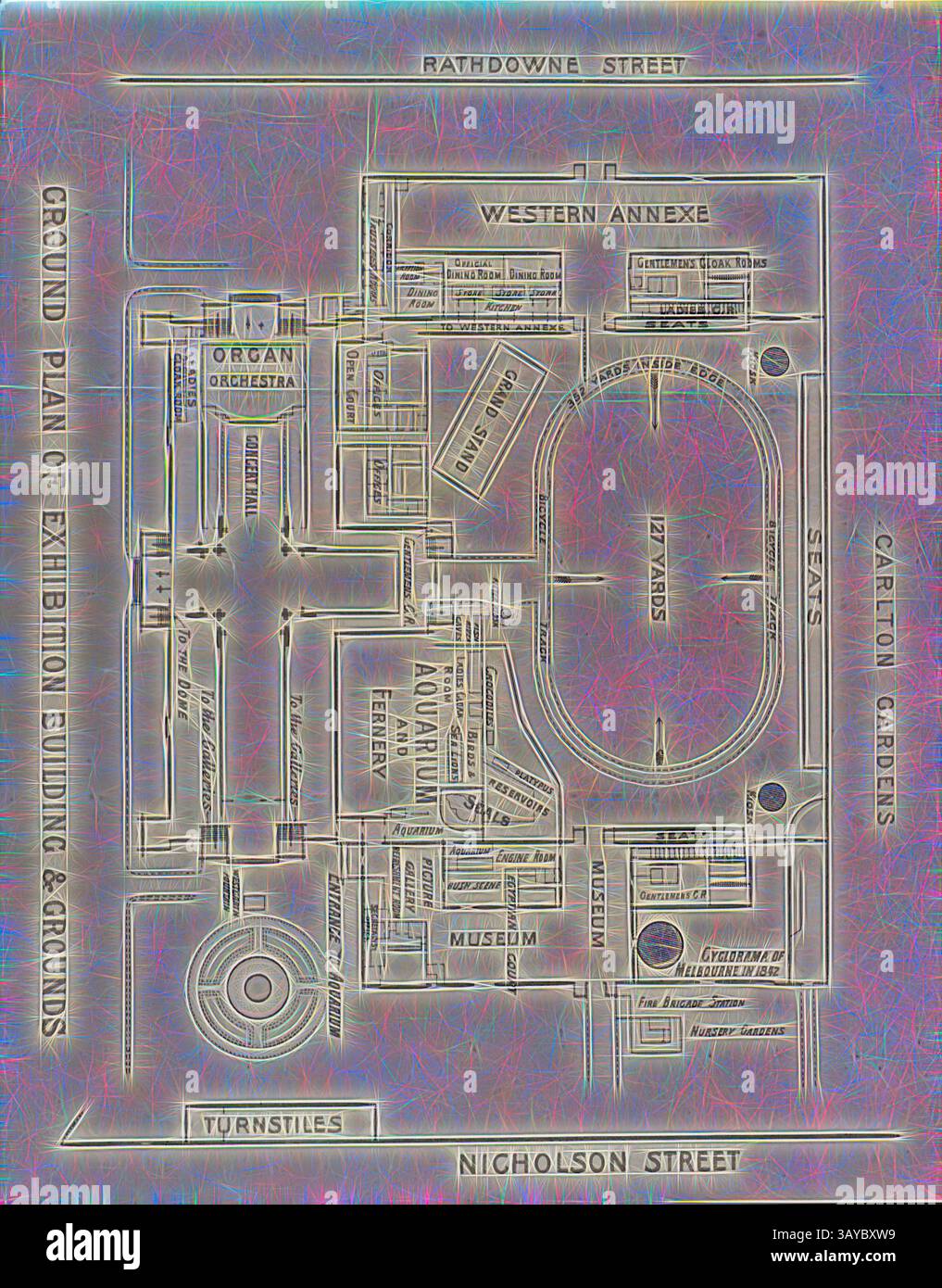 Ein detailliertes architektonisches Layout zeigt verschiedene Abschnitte eines Ausstellungsgebäudes und seines Geländes, mit ausgewiesenen Bereichen wie Orgelorchester, Museum und Aquatik sowie Wegen und Eingangspunkten. Das Design hebt die Anordnung der angrenzenden Straßen und Einrichtungen hervor, die auf Klarheit und Navigation ausgerichtet sind., Foto - Grundriss des Ausstellungsgebäudes und des Ausstellungsgeländes, 1893, Foto eines Grundrisses des Ausstellungsgebäudes und des Ausstellungsgeländes aus dem Jahr 1893. Der Plan zeigt den Hauptsaal (mit Orgel und Konzertsaal), Aquarium und Farnerie, Museum (einschließlich des ägyptischen Hofes) Stockfoto