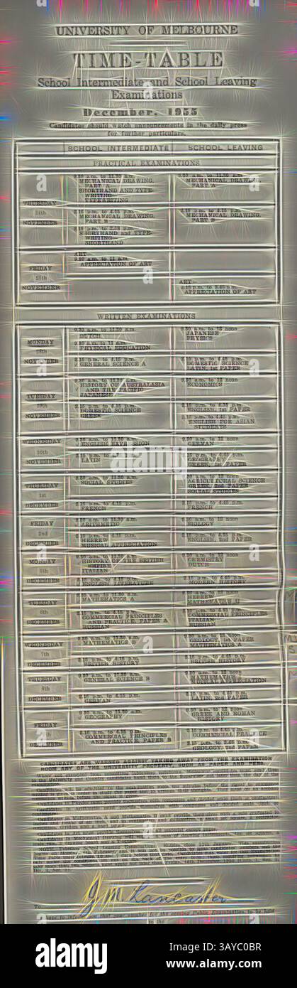 Ein detaillierter Zeitplan der University of Melbourne, in dem die Prüfungspläne für die School of Architecture, Building, and Planning beschrieben werden. Das Layout enthält Spalten für Fächer, Daten und Zeiten, die zur Übersichtlichkeit und Übersichtlichkeit organisiert sind. Zeitplan: „University of Melbourne, School Intermediate & School Breaking Examinations“, Dezember 1955, University of Melbourne School Intermediate and School Breaking Examinations Schedule, Dezember 1955. Dieser Zeitplan wurde JM Lancaster vorgelegt und teilte ihm mit, dass seine Prüfungen in den Ausstellungsgebäuden in Fitzroy stattfinden sollten. Subjekte unter Stockfoto