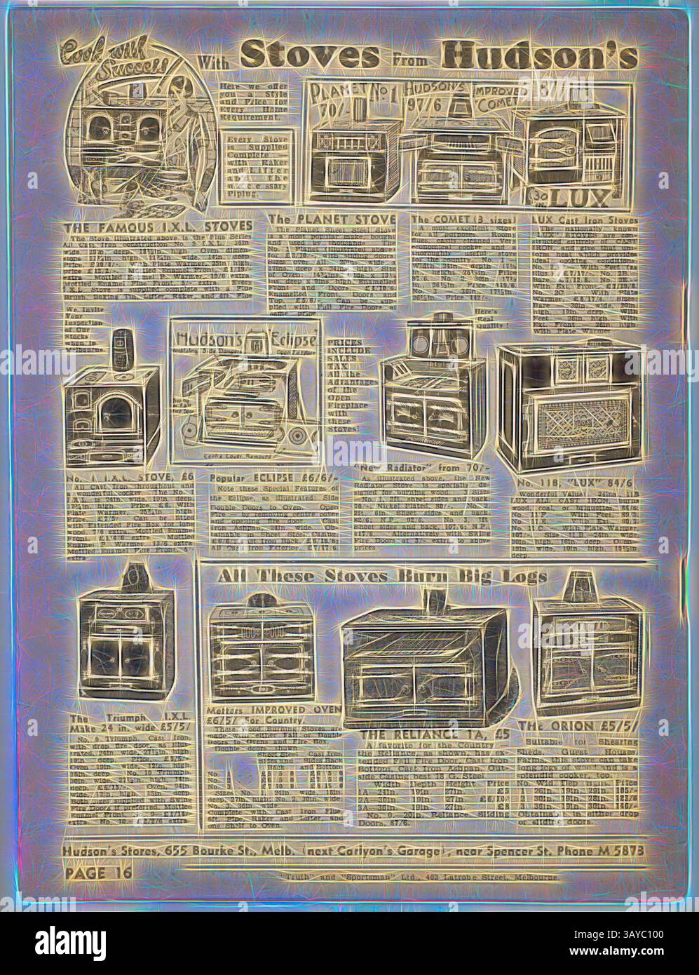 Eine Anzeige, in der eine Vielzahl von Herden von Hudson's präsentiert werden, mit detaillierten Beschreibungen, Preisen und einzigartigen Merkmalen jedes Modells. Das Layout hebt die verschiedenen Stile hervor, darunter den Planet Stove, Hudson's Eclipse und andere, und betont deren Funktionalität und Design für potenzielle Käufer. Preisliste - Hudson's Stores, Melbourne, Victoria, Oktober 1940, Preisliste herausgegeben vom Hudson's Hardware Store im Jahr 1940. Sie befinden sich in 655 Bourke Street, Melbourne., klassischer Art mit einem modernen Touch, der von Artotop neu interpretiert wurde Stockfoto