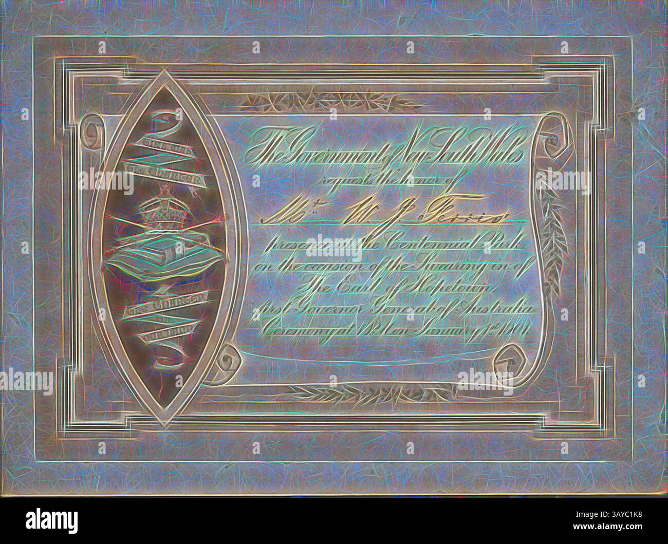 Ein wunderschön verziertes Zertifikat mit komplizierten Designs und eleganter Typografie. Das Dokument feiert einen bedeutenden Anlass und unterstreicht seine Bedeutung durch dekorative Verzierungen und ein markantes Siegel. Einladung an Herrn W. J. Ferris, als Vereidigung des Earl of Hopetoun, Generalgovenor of Australia, Centennial Park, Sydney, 1. Januar 1901, Einladung an Herrn William John Ferris von der Regierung von New South Wales. Er lädt ihn ein, anlässlich der Vereidigung des Earl of Hopetoun, des Ersten Generalgouverneurs von Australien, am 1. Januar 1901 in den Centennial Park zu gehen Stockfoto
