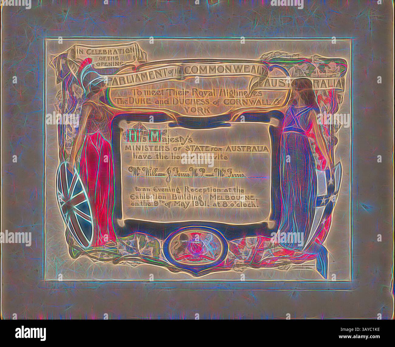 Ein dekoratives historisches Dokument mit kunstvollen Illustrationen und stilisiertem Text, das den Besuch des Herzogs und der Herzogin von Cornwall in Australien feiert. Das Design enthält symbolische Elemente, die den Commonwealth und verschiedene nationale Motive repräsentieren. Einladung - an William John Ferris MLA & Mrs Ferris, Abendempfang, australische Commonwealth-Feiern, Ausstellungsgebäude, Melbourne, 9. Mai 1901, Einladung der Staatsminister seiner Majestät für den Commonwealth of Australia an Herrn William John Ferris und Frau Ferris. Die Einladung lädt das Paar zu einem Abend ein Stockfoto