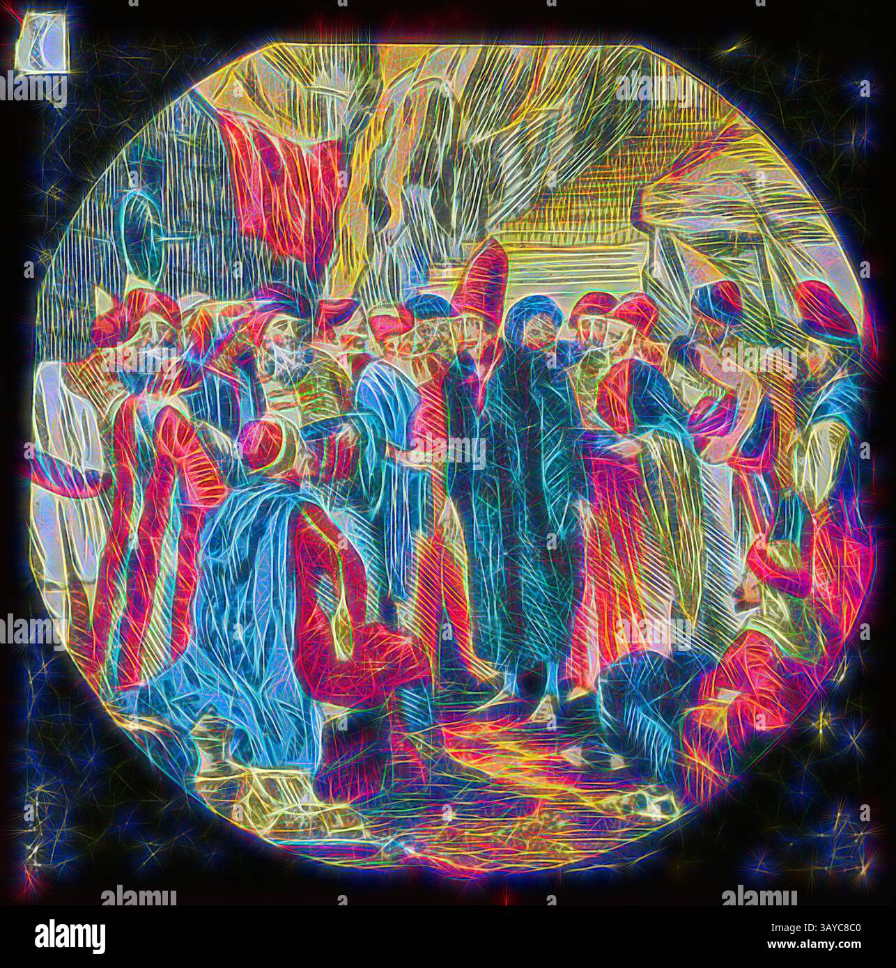 Eine Zusammenkunft von Personen in historischer Kleidung, die in einer lebhaften Diskussion auf einem Marktplatz, umgeben von lebendigen Textilien und traditioneller Architektur, Lantern Slide - Ali Baba & The Forty Thieves, No. 7, 1900-1920, Alternative Name(n); Kinderfolie; Magic Lantern Slide Nummer 7 aus einem Satz von 12 Laternen-Folien, die die Geschichte von Ali Baba und den vierzig Dieben darstellen. Teil der Francis Collection von präkinematischen Apparaten und Ephemeren der australischen und viktorianischen Regierung im Jahr 1975., Klassische Kunst mit einem modernen Twist, neu interpretiert von Artotop Stockfoto