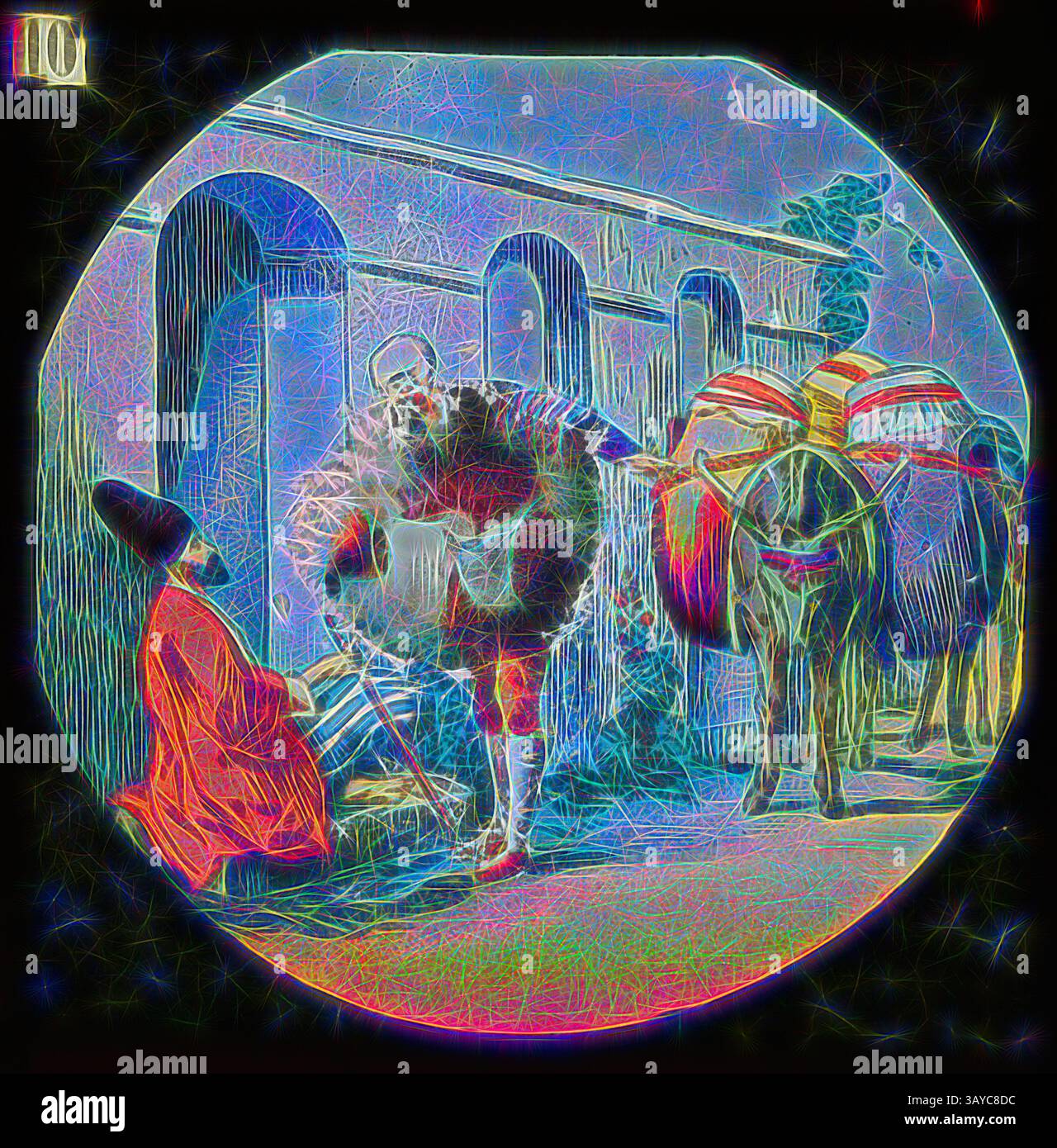 Eine historische Szene zeigt eine Figur in traditioneller Kleidung, die mit einem Darsteller in aufwendiger Kostümierung spricht, während zwei verzierte Elefanten in der Nähe stehen, eingerahmt von einer architektonischen Kulisse., Laternenrutsche - Ali Baba & die vierzig Diebe, Nr. 10, 1900-1920, alternativer Name(n); Kinderrutsche; Magic Lantern Slide Nummer 10 aus einem Satz von 12 Laternen-Folien, die die Geschichte von Ali Baba und den vierzig Dieben darstellen. Teil der Francis Collection von präkinematischen Apparaten und Ephemeren der australischen und viktorianischen Regierung im Jahr 1975., Klassische Kunst mit einem modernen Twist, neu interpretiert von Artotop Stockfoto