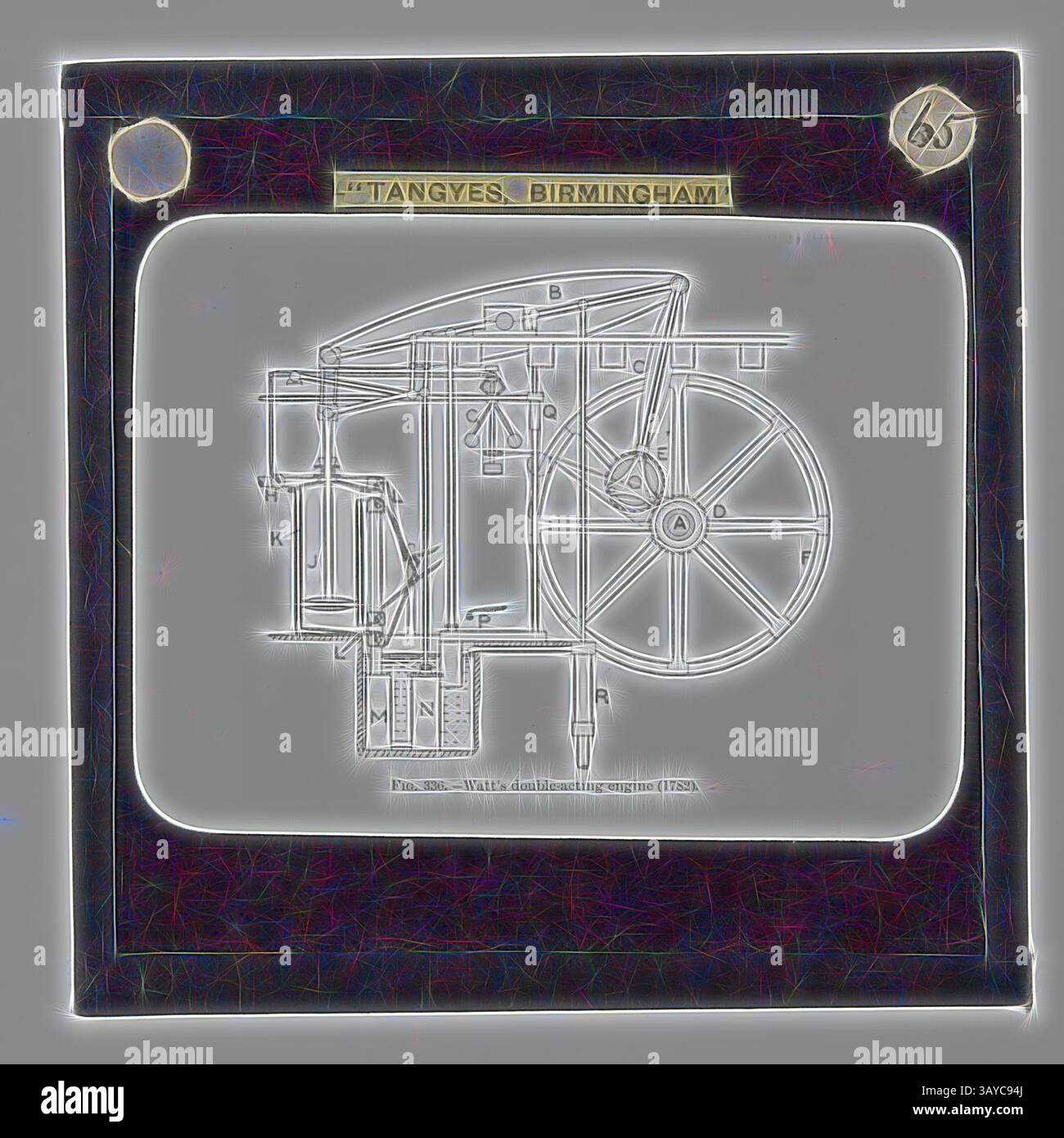 Ein detaillierter Entwurf einer Dampfmaschine mit beschrifteten Komponenten wie Rad, Kessel und verschiedenen Mechanismen, die die Feinheiten früherer Industriemaschinen aus Tangyes, Birmingham, zeigen., Lantern Slide - Querschnitt der rotativen doppeltwirkenden Kondensationsdampfmaschine von Watt, Birmingham, England, um 1782, eine von 239 Glaslaternen-Folien, die Produkte darstellen, die von Ingenieuren von Tangyes Limited aus Birmingham, England hergestellt wurden. Die Bilder umfassen verschiedene Produkte wie Motoren, Kreiselpumpen, Hydraulikpumpen, Gasproduzenten, Materialprüfmaschinen, Pressen, Maschine Stockfoto
