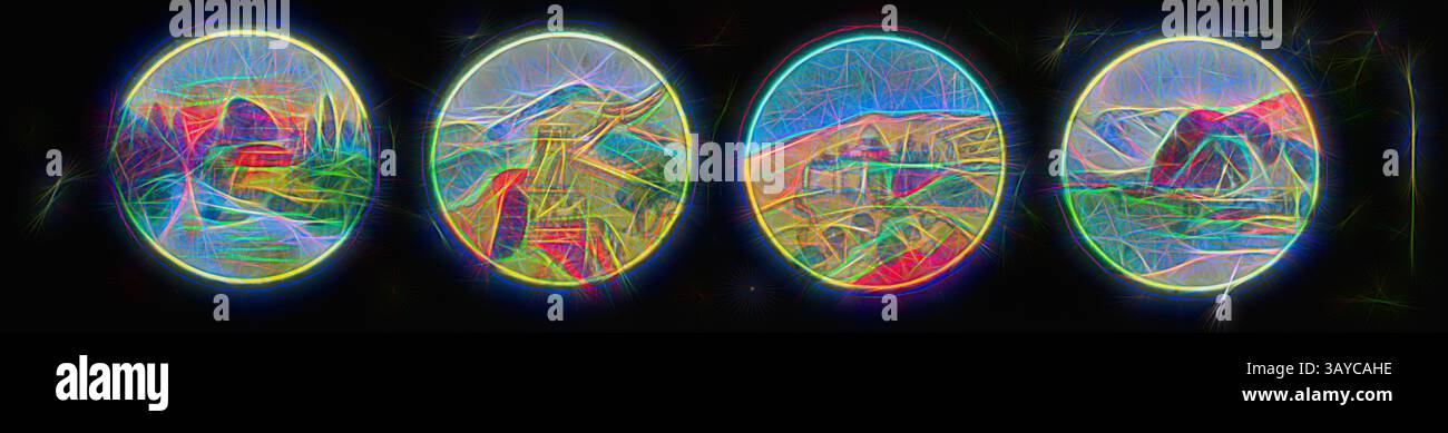 Eine lebendige und abstrakte Darstellung von vier unterschiedlichen Landschaften, die jeweils in kreisförmigen Umrissen eingerahmt sind. Die Szenen zeigen wirbelnde Farben und komplizierte Muster, die ein Gefühl von skurriler Schönheit in den verschiedenen Formen der Natur vermitteln., Lantern Slide - Miniature Panorama Format Multiple Image, Four Landscapes, circa 1860-1920, Alternative Name(n): Kinderfolie; Panorama Magic Lantern Slide präkinematische Apparatur und Ephemere die australische und viktorianische Regierung im Jahr 1975. Mitbegründer des Museum of the Moving Image in London, klassische Kunst mit einem modernen Touch, neu gestaltet von Artotop Stockfoto