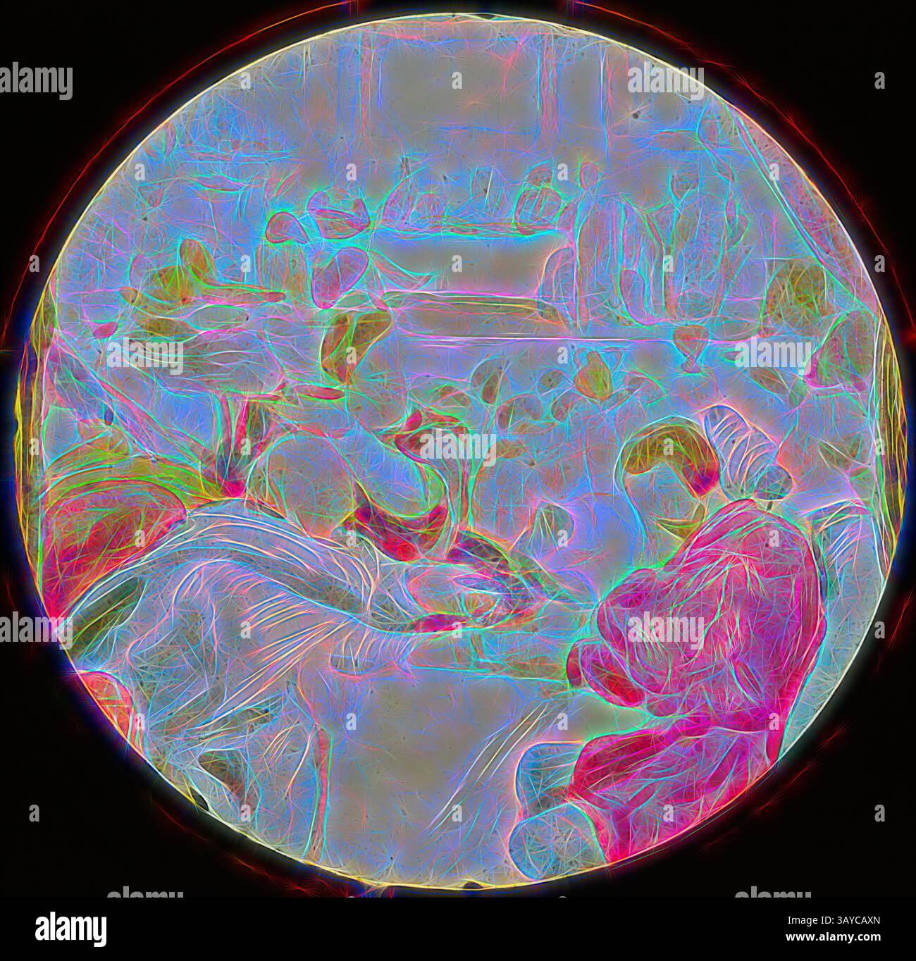 Eine ätherische Szene mit Figuren, die in einem zarten Moment verwickelt sind, umgeben von einer abstrakten Landschaft aus lebhaften Farben und wirbelnden Mustern, die ein Gefühl traumhafter Wunder wecken., Lantern Slide - The Holy war, 'Goldy feat at at Carnal-Security Feast', 1850-1910, gemalte Laternenfolie, die Männer zeigt, die an Tischen sitzen, zusammen essen und trinken - beschrieben als 'Goldy feat at at at at at at at at at at fleischliche Sicherheit fest'. Carnal-Security ist eine von mehreren fiktiven Charakteren in einer Serie von 12 gedruckten Laternen-Folien, die die Geschichte des Heiligen Krieges darstellen, die ursprünglich 1682 von John Bunyan geschrieben wurde. Zusammen in einer Holzkiste Stockfoto